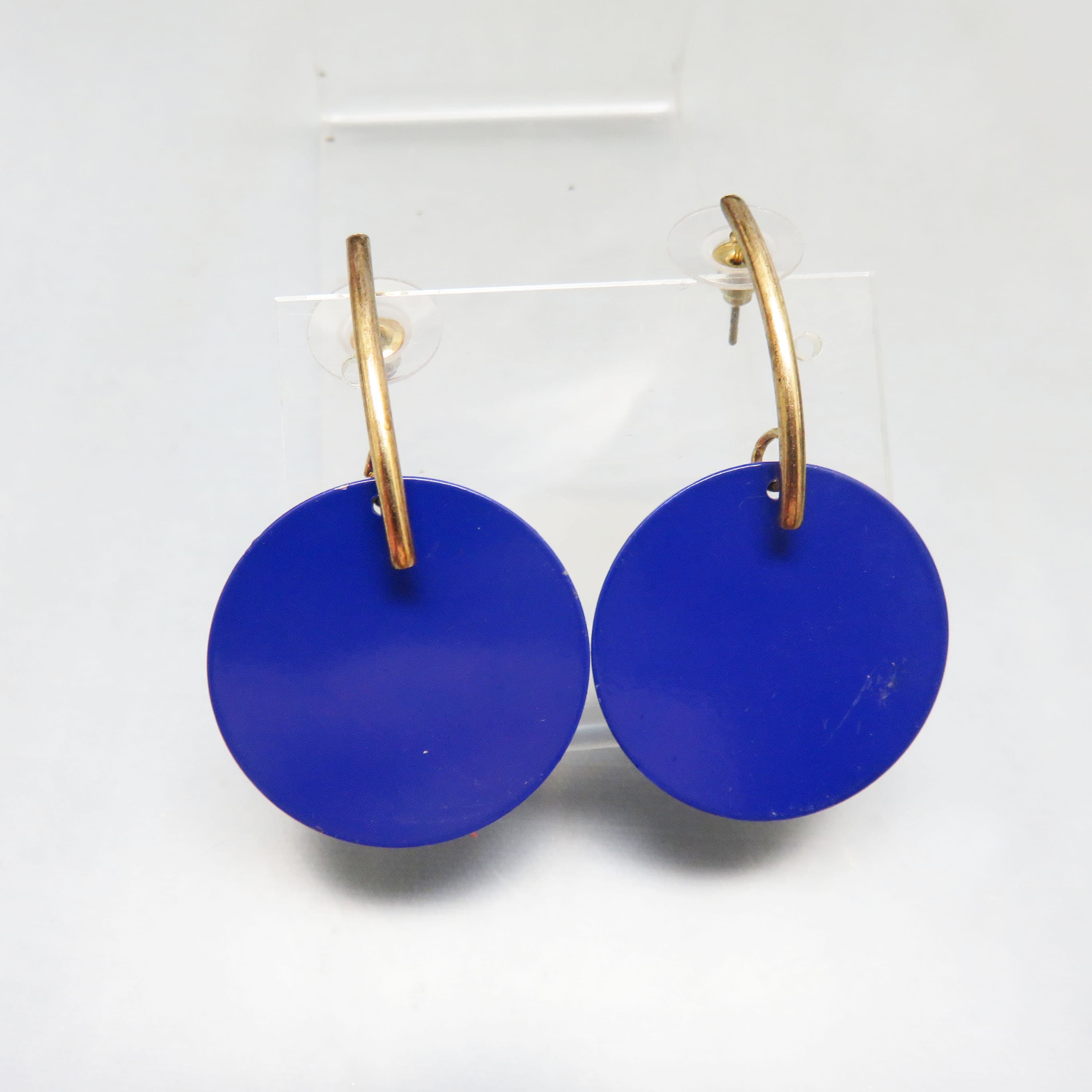 Modernist Cobalt Blue Enamel Disc Earrings, Gold Tone Hoop Drop Earrings, Minimalist Statement Jewelry, Vintage Pierced Earrings