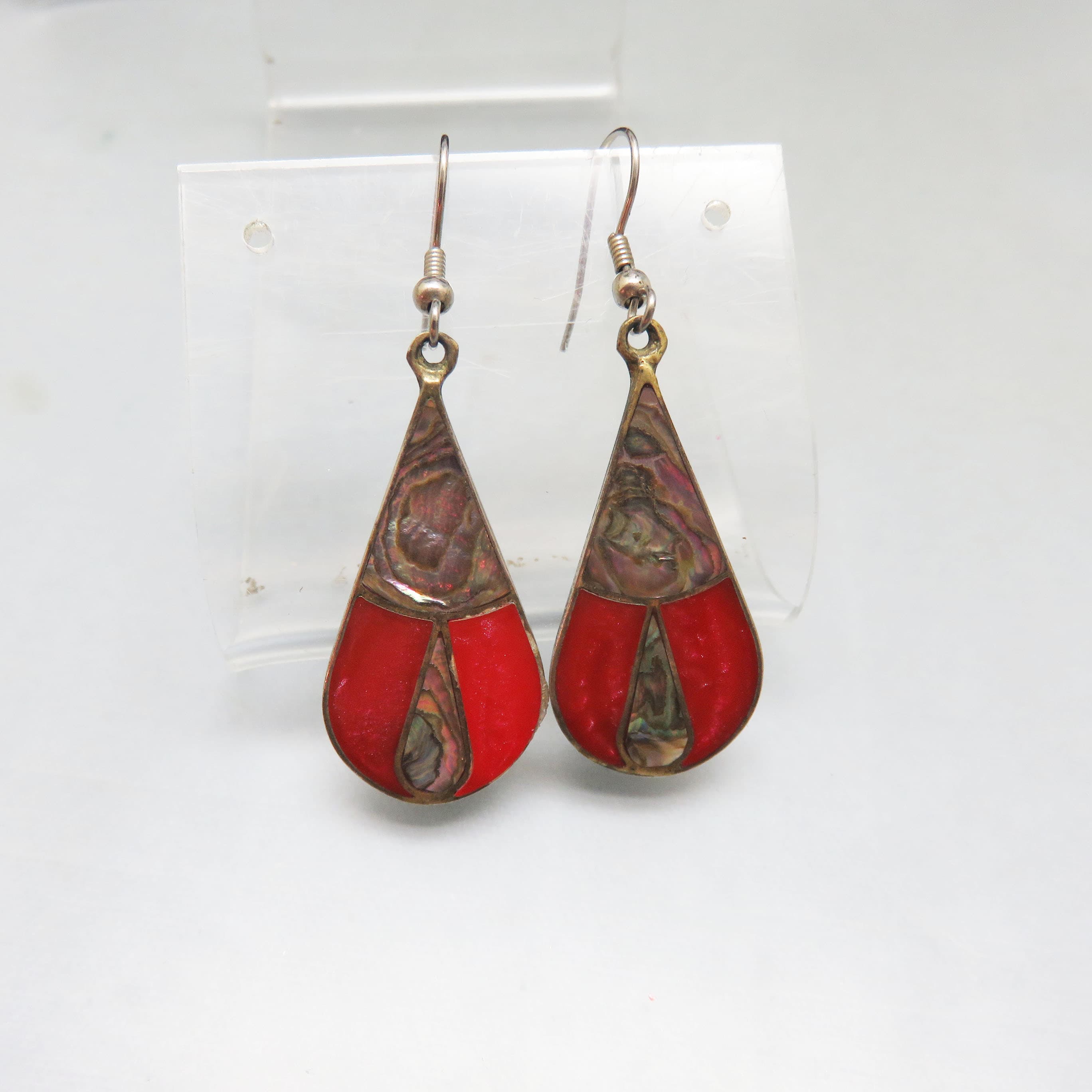 Vintage Alpaca Mexico Abalone & Red Enamel Teardrop Earrings, Mexican Alpaca Silver Dangle Earrings, 1970s Artisan Jewelry