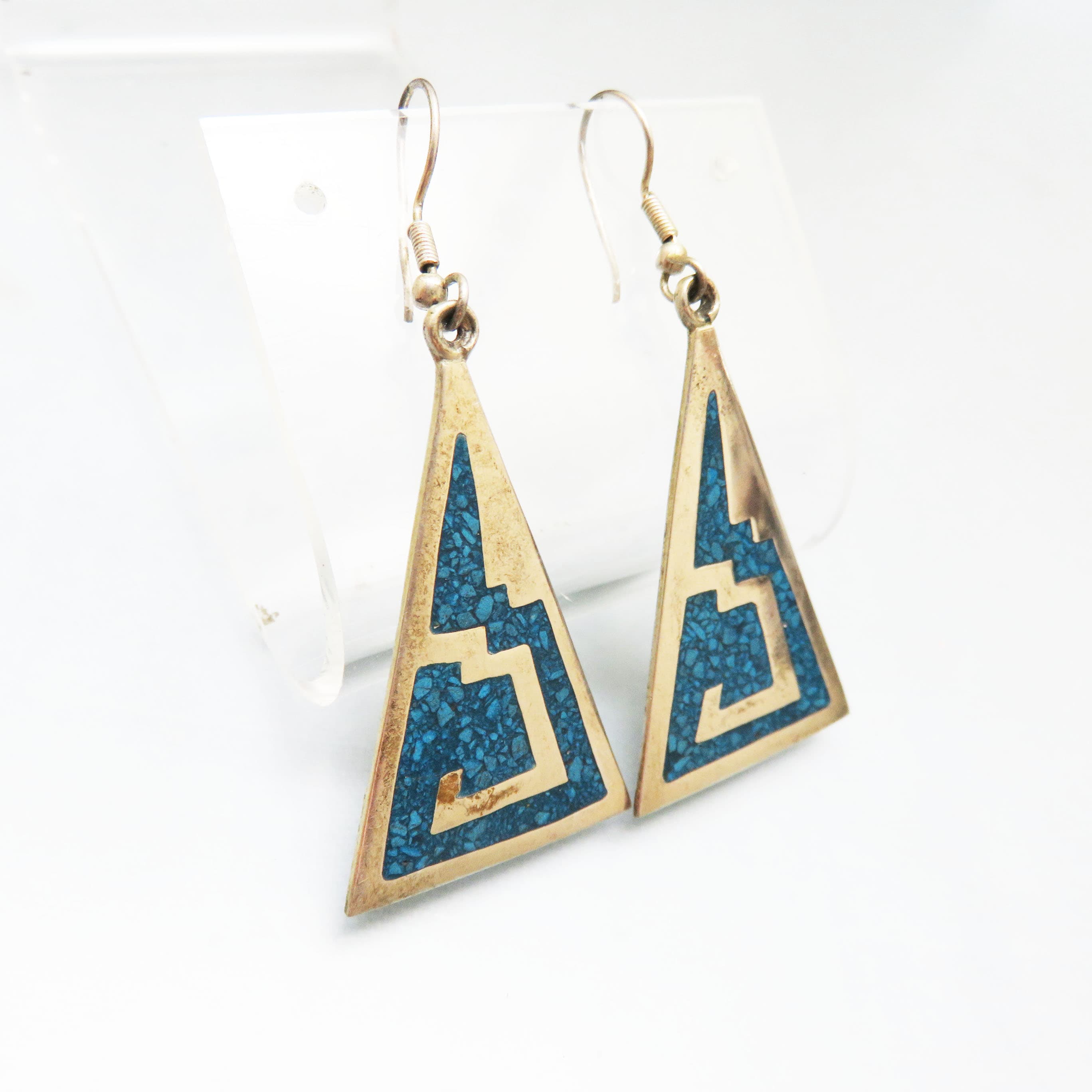 Vintage Alpaca Mexico Turquoise Chip Inlay Triangle Earrings, Southwestern Mexican Alpaca Silver Dangle Earrings
