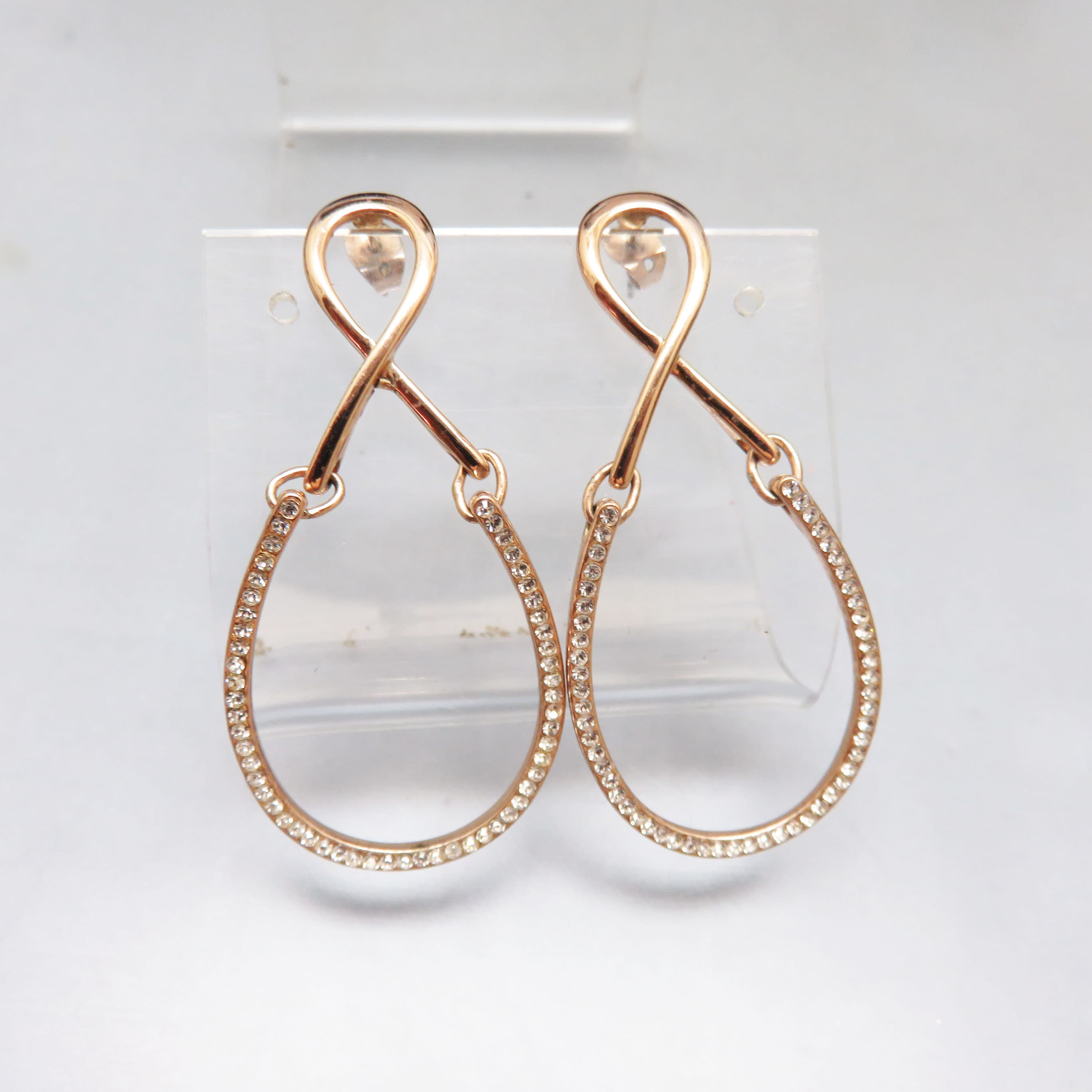 RFM Rose Gold Infinity CZ Teardrop Earrings | Rose Gold Plated Statement Pierced Earrings | Elegant Cubic Zirconia Dangle Earrings