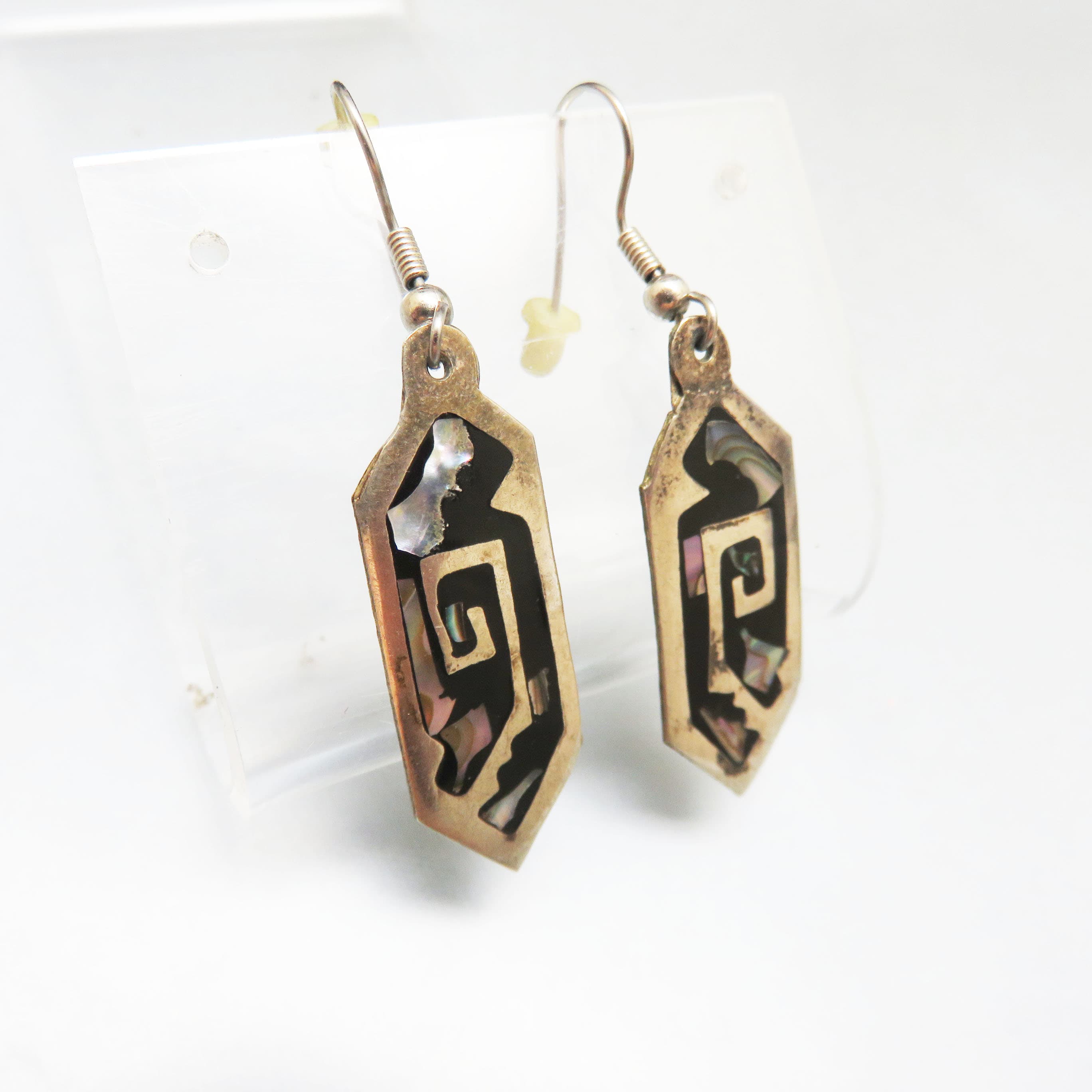 Vintage Alpaca Silver Abalone & Black Enamel Geometric Dangle Earrings | Southwestern Artisan Statement Earrings