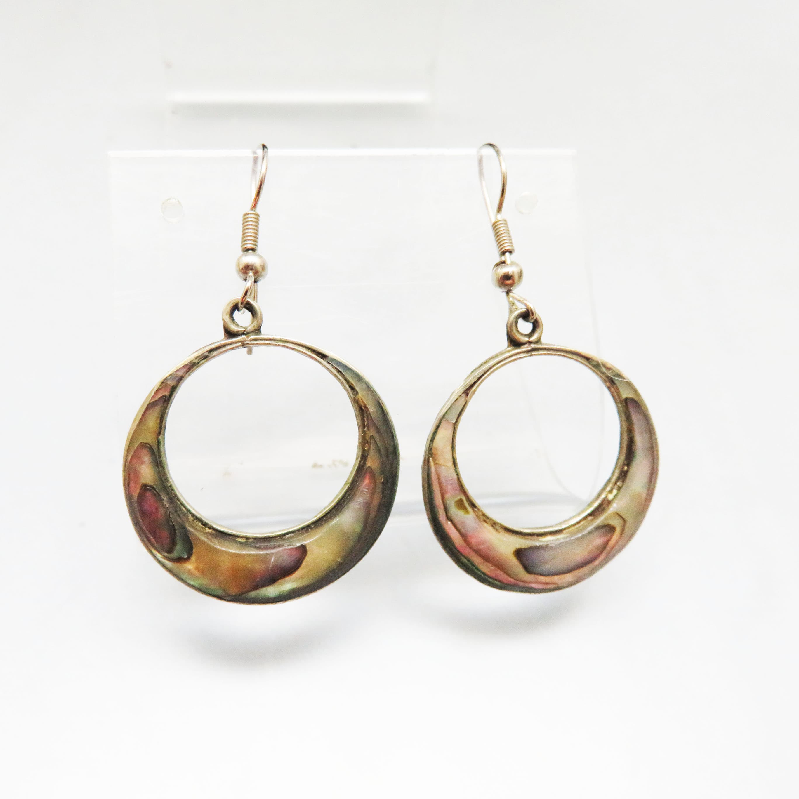 Vintage Mexican Sterling Silver & Abalone Open Circle Earrings | Signed NL Mexico | Modernist Dangle Earrings