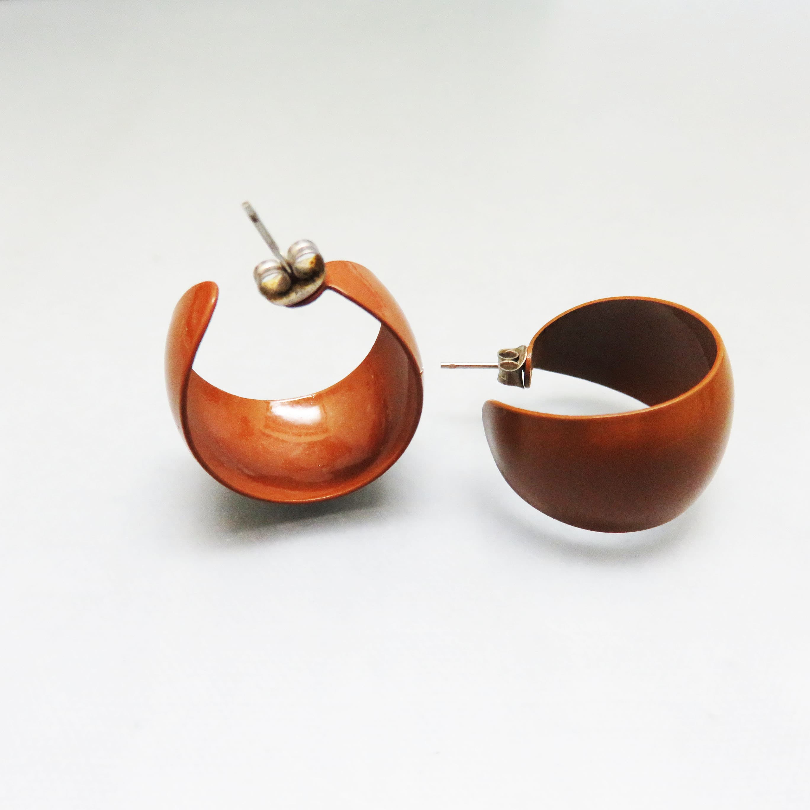 Vintage 1970s Chocolate Brown Enamel Hoop Earrings | Sculptural Half Hoop Pierced Earrings | Retro Modern Jewelry