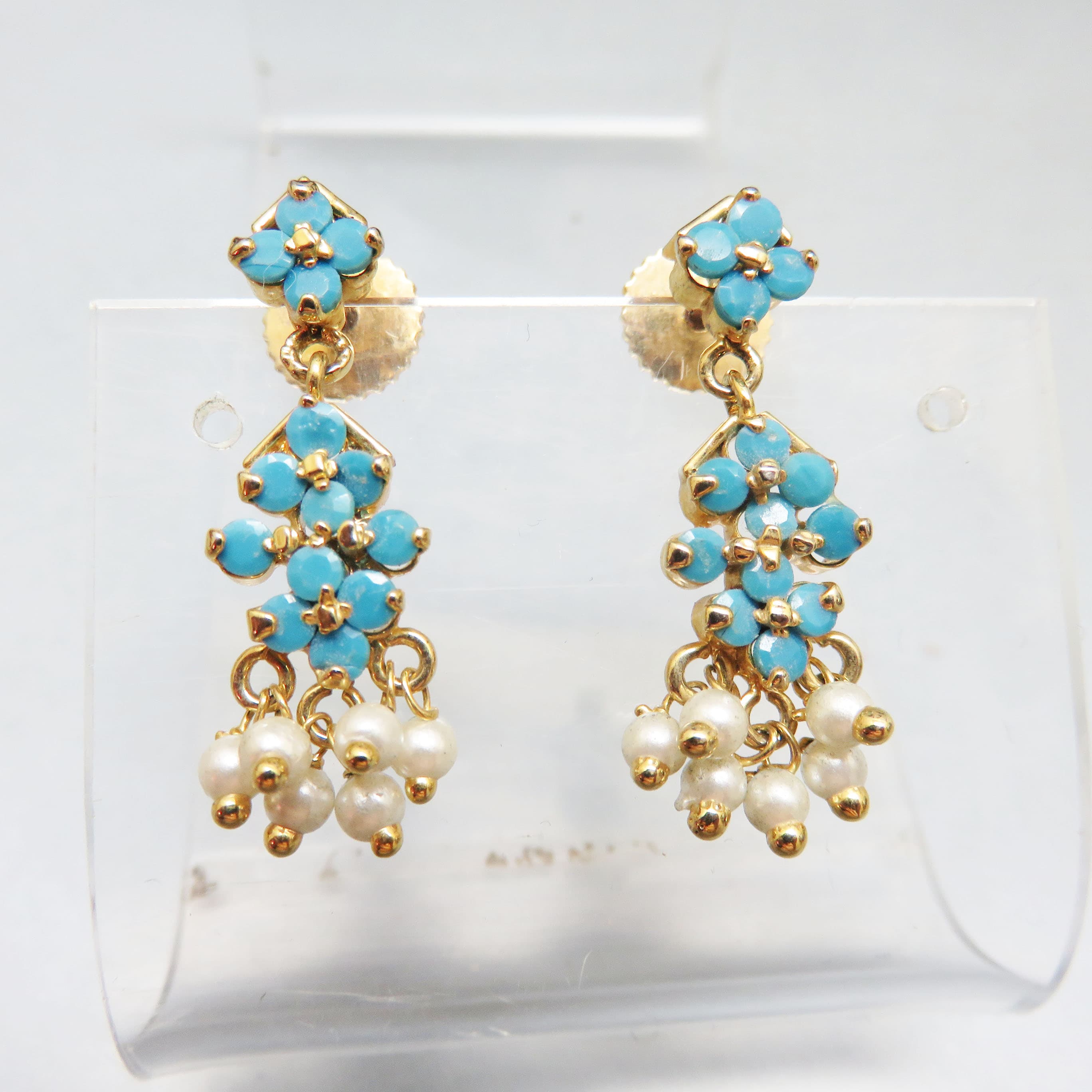 Vintage Gold Plated Robin's Egg Blue Rhinestone & Faux Pearl Dangle Earrings | Floral Cluster Statement Earrings