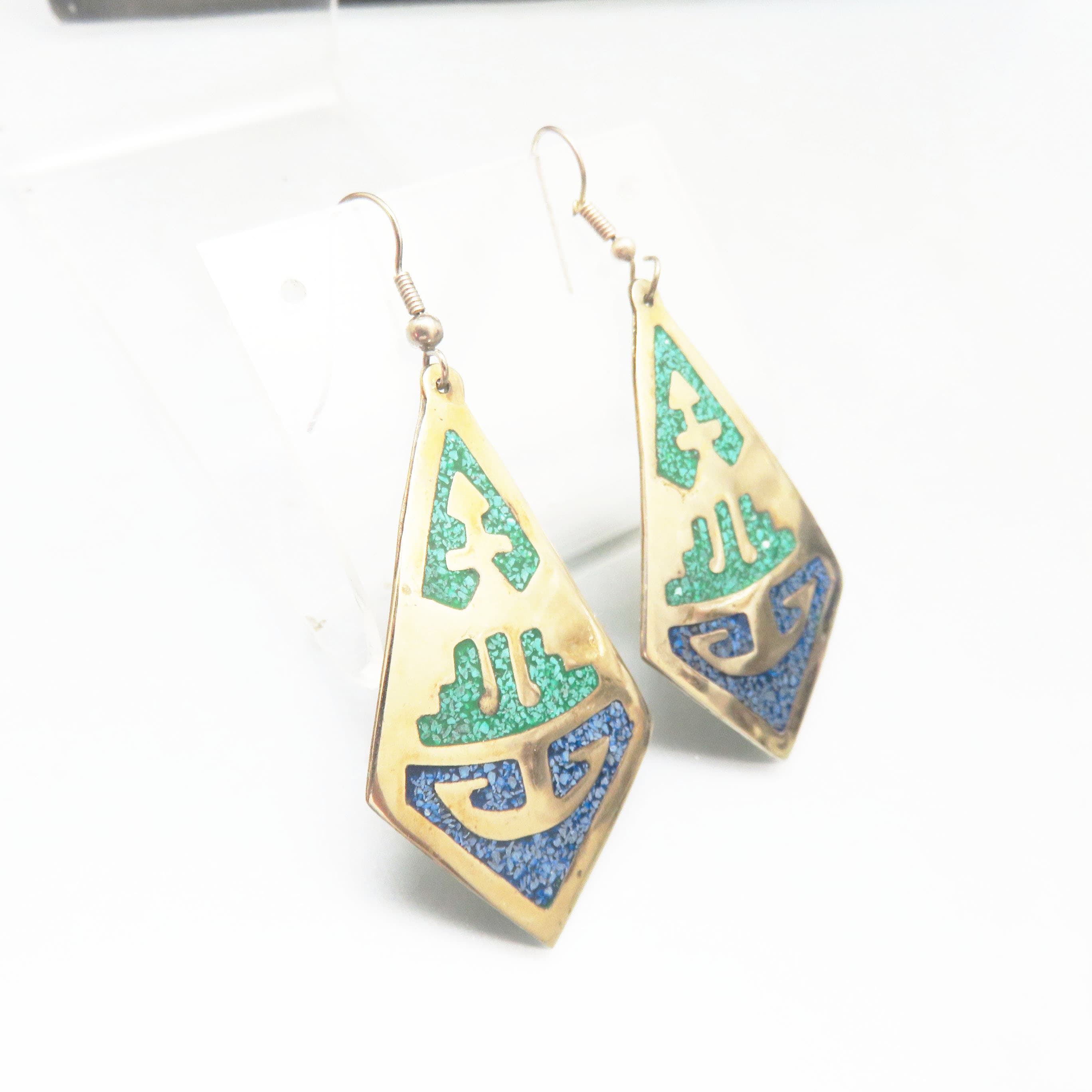 Vintage Alpaca Silver Mexican Turquoise & Sodalite Mosaic Earrings | Artisan Southwestern Dangle Earrings | Boho Statement Jewelry