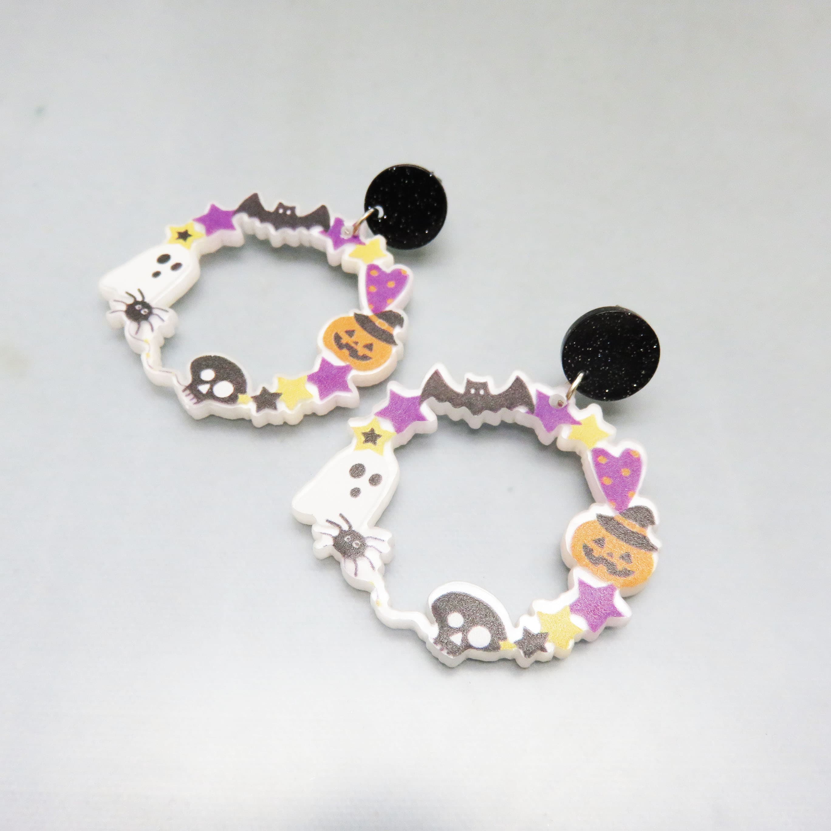Vintage Halloween Wreath Hoop Earrings | Ghost Pumpkin Bat Skull Acrylic Statement Earrings | Whimsical Spooky Jewelry