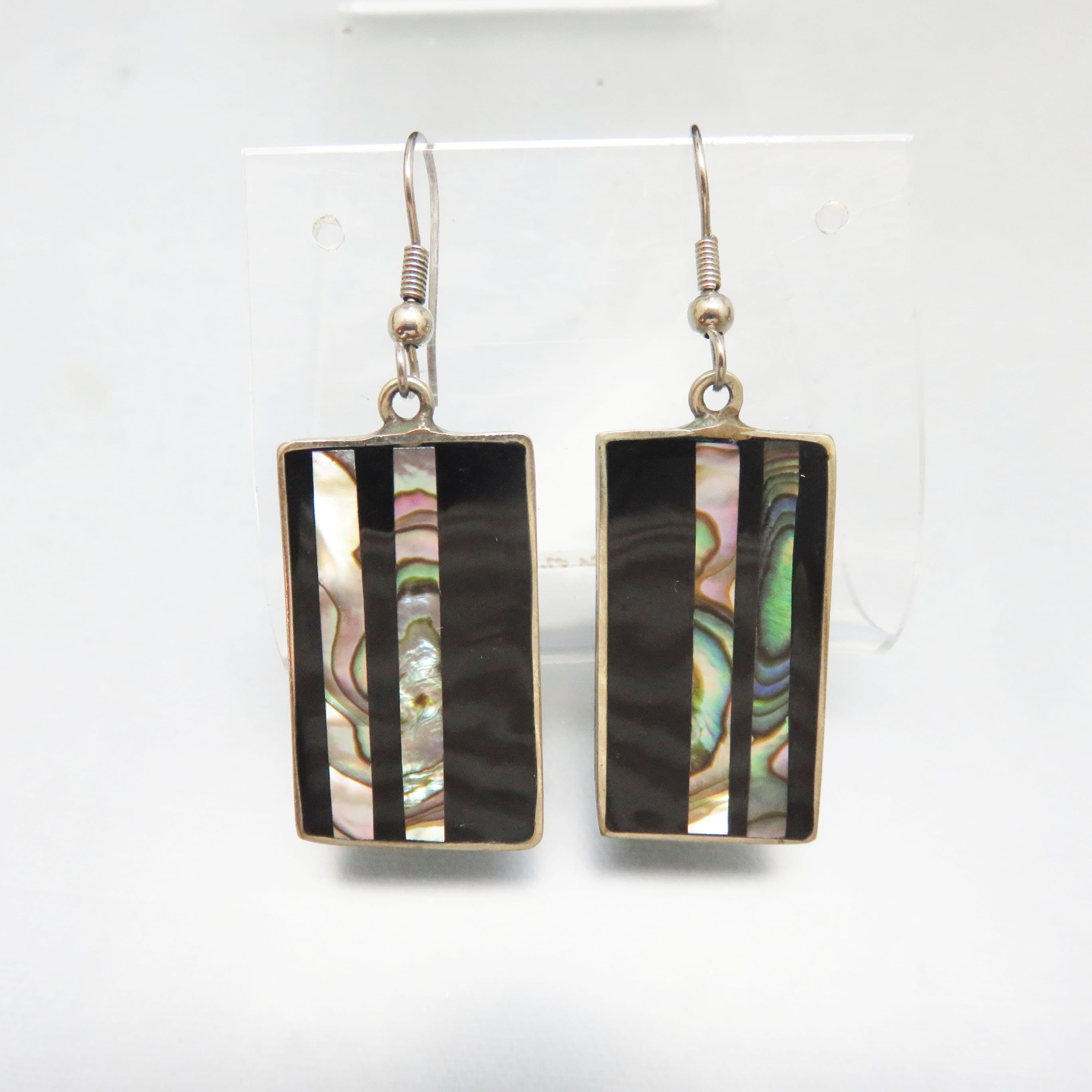 Vintage Alpaca Silver Abalone & Black Enamel Inlay Earrings | Mexican Artisan Dangle Earrings | Geometric Shell Jewelry