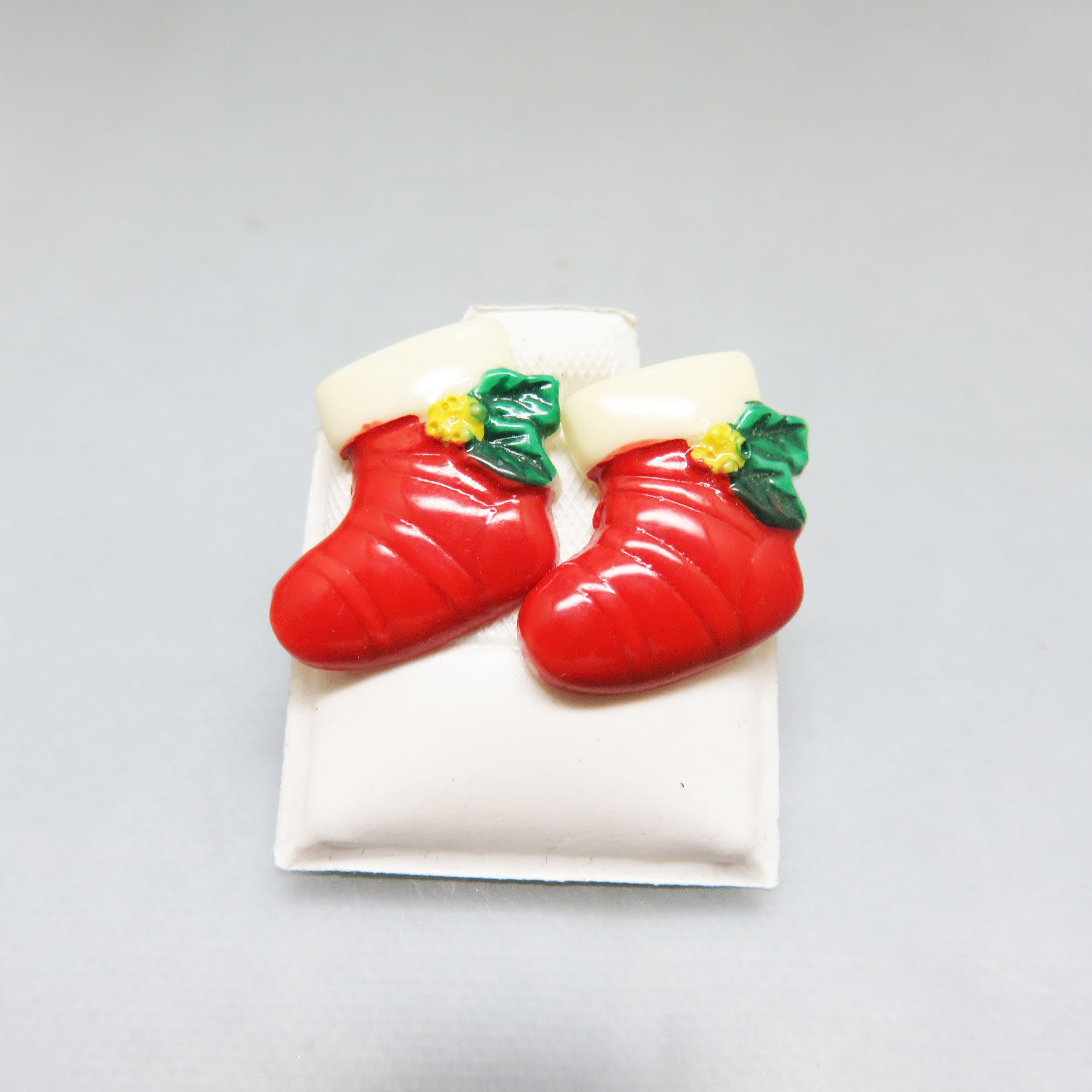 Vintage 1970s Hand-Painted Christmas Stocking Stud Earrings | Retro Holiday Plastic Earrings | Cute Christmas Jewelry
