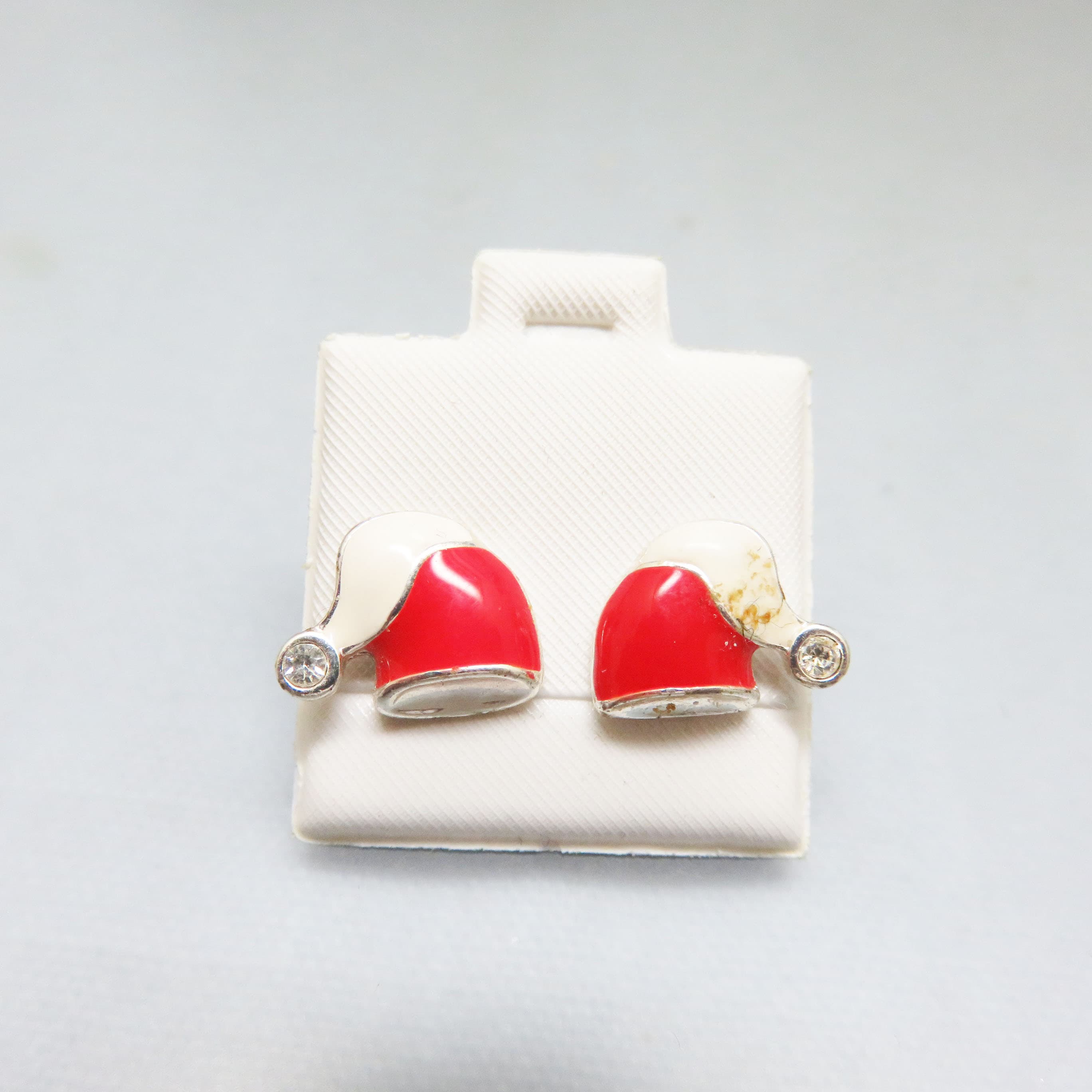 Vintage Santa Hat Stud Earrings | Red & White Enamel Christmas Earrings with Crystal Accent | Holiday Pierced Jewelry