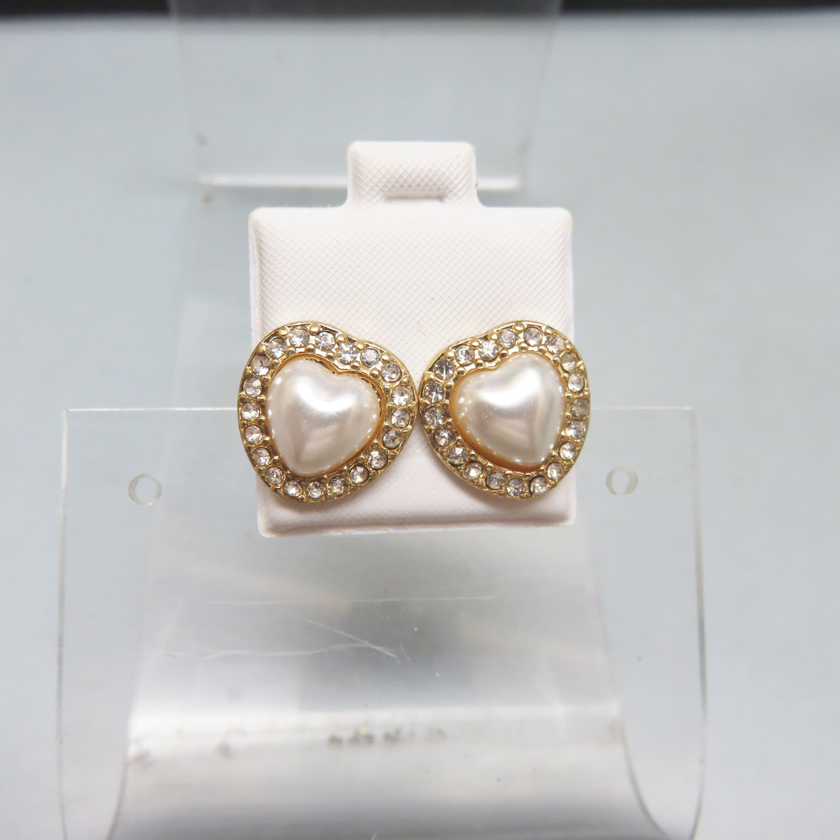 Vintage Faux Pearl & Rhinestone Heart Stud Earrings | Gold Tone Romantic Earrings | Classic Bridal Jewelry