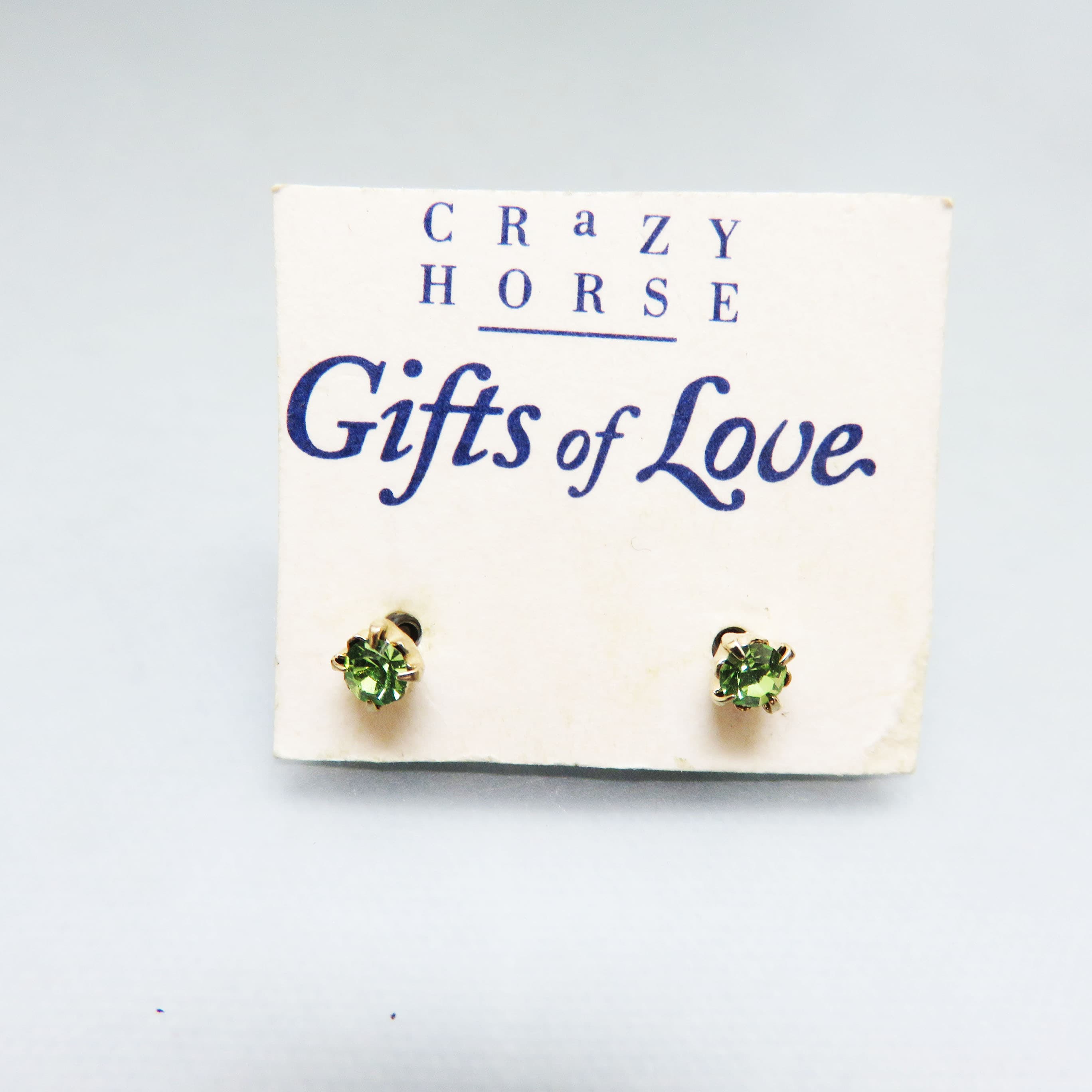 Vintage Peridot Green Rhinestone Stud Earrings on Original Card | 1980s Gold Tone Petite Crystal Earrings | Gifts of Love