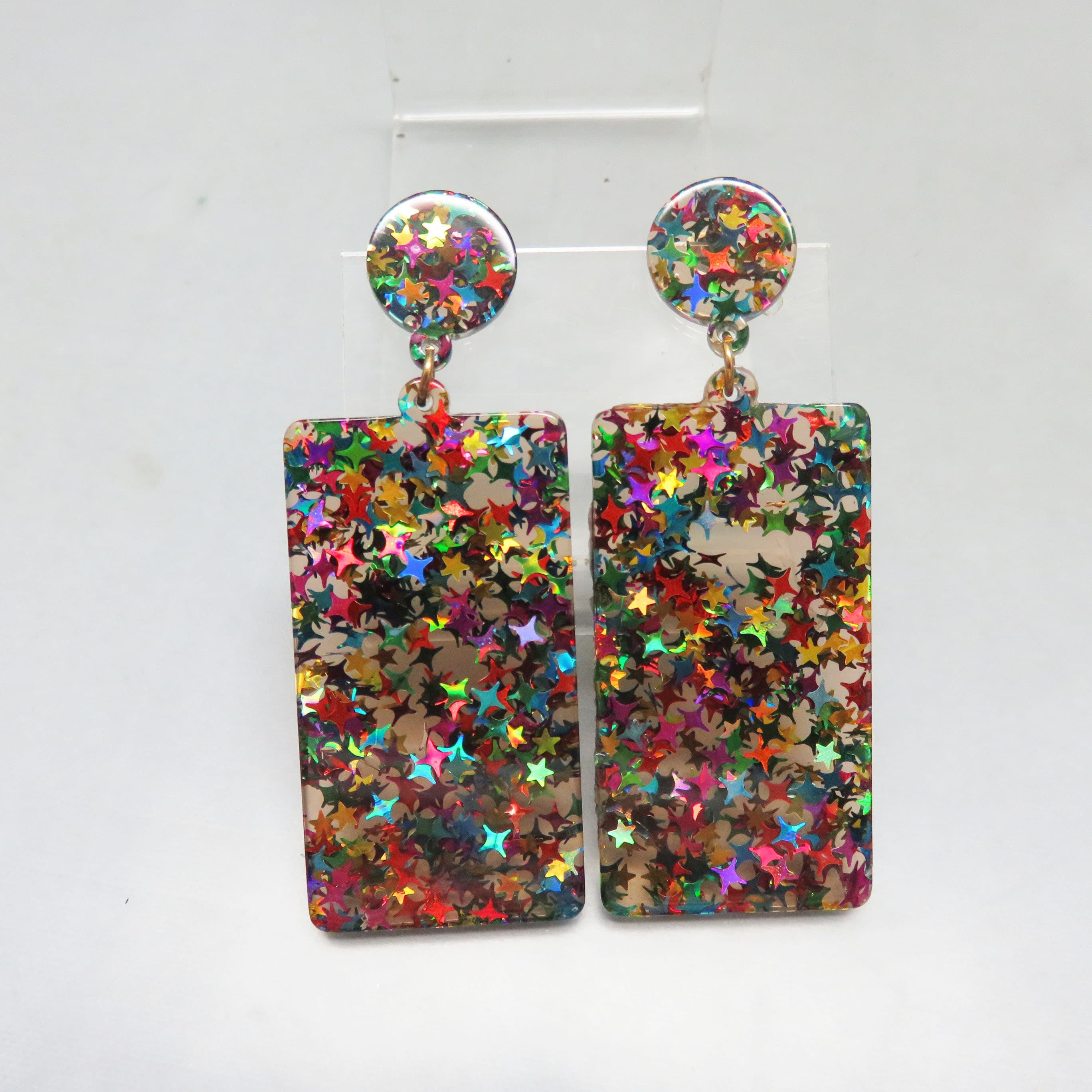 Y2K Glitter Star Resin Statement Earrings | Early 2000s Rainbow Confetti Dangle Earrings | Retro Party Jewelry