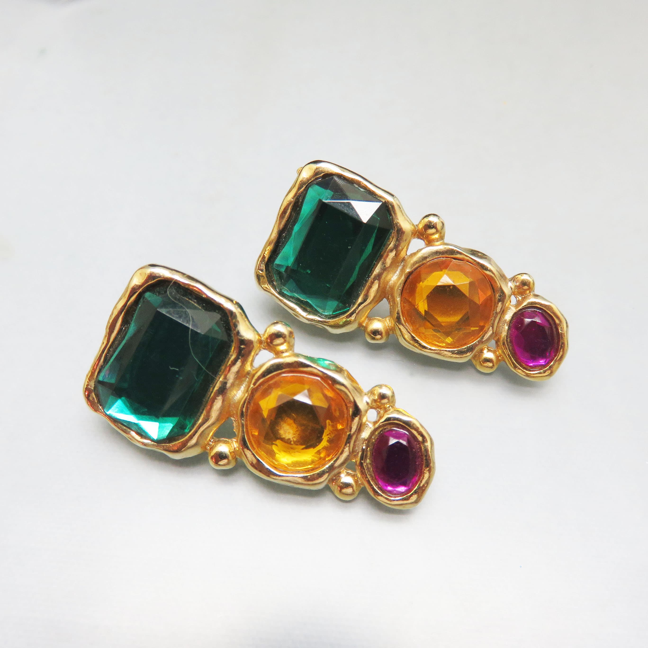 Vintage Jewel Tone Statement Earrings | Emerald Green, Amber & Fuchsia Acrylic Gem Earrings | Gold Tone Post Earrings | Bold 1980s Glam