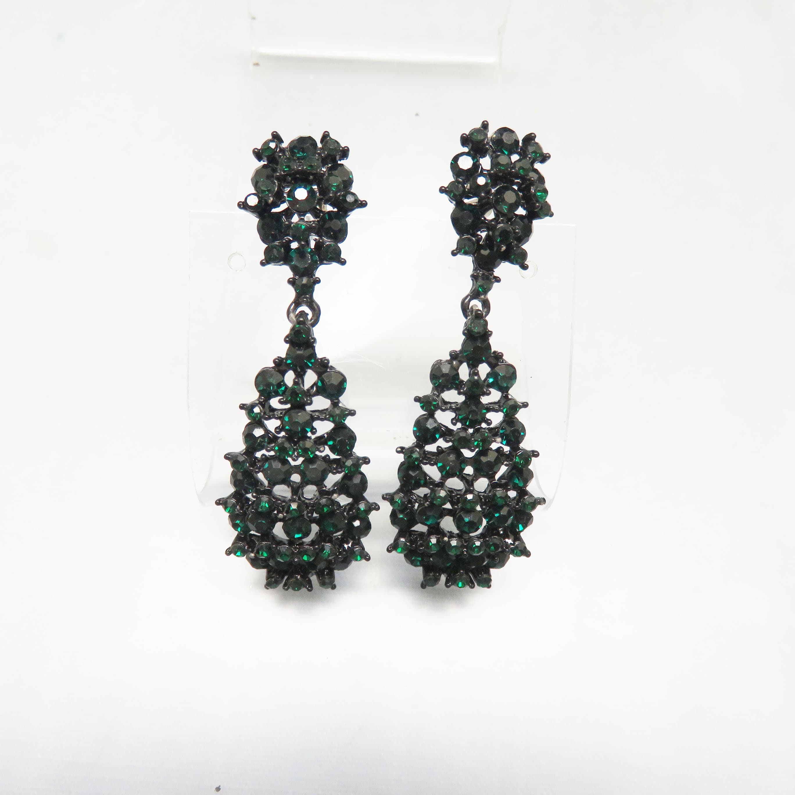 Emerald Green Rhinestone Chandelier Earrings | Black Japanned Crystal Statement Earrings | Vintage Evening Glamour