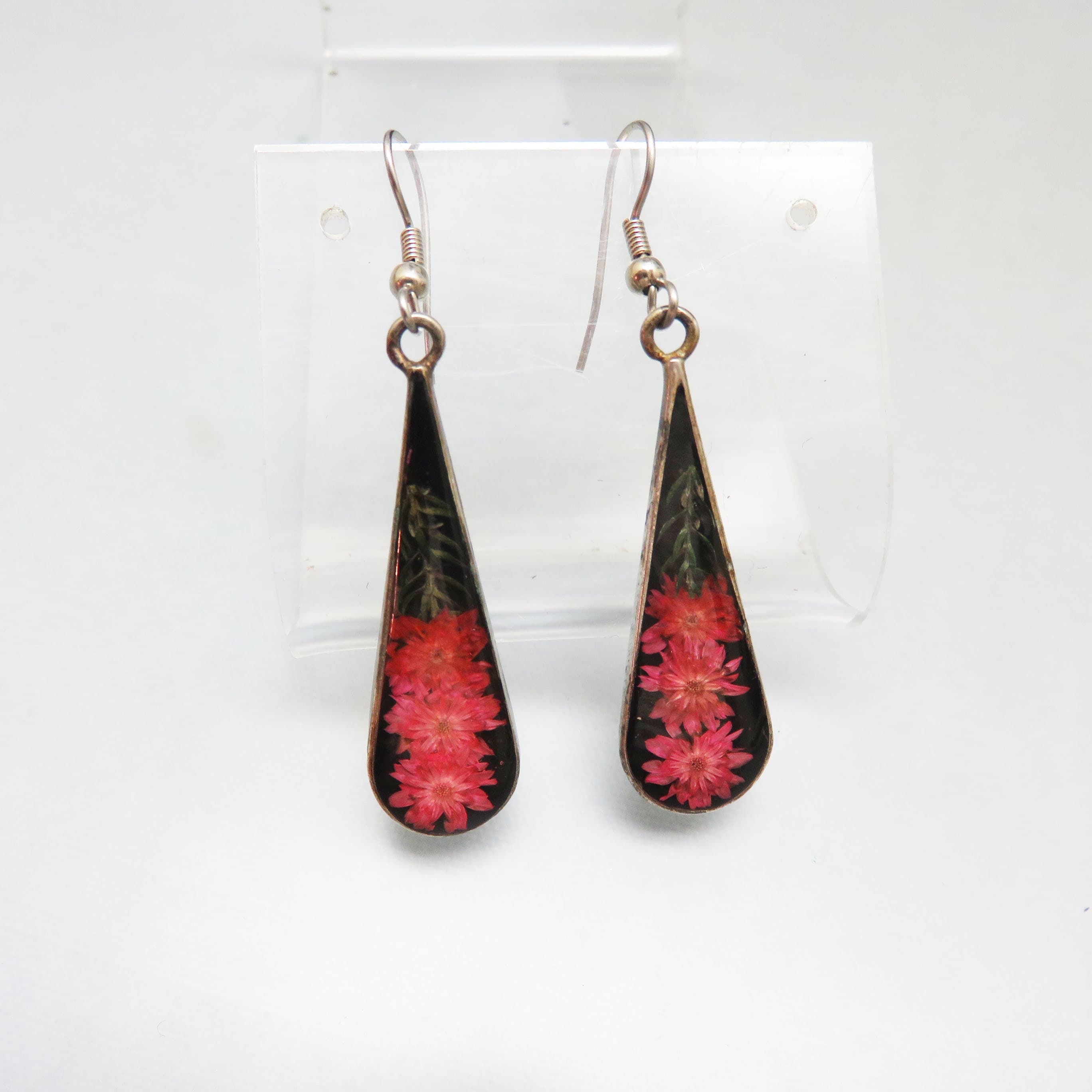 Alpaca Silver Pressed Pink Flower Teardrop Earrings | Mexican Botanical Resin Dangles | Vintage Artisan Floral Jewelry