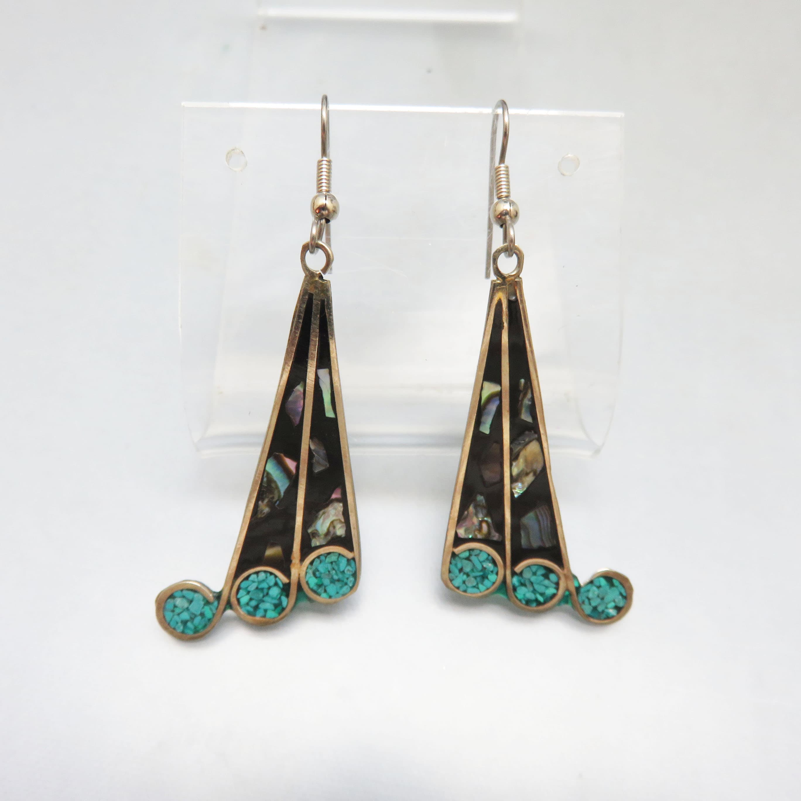 Mexican Alpaca Silver Musical Note Earrings | Abalone Shell & Turquoise Inlay | Artisan Statement Dangles