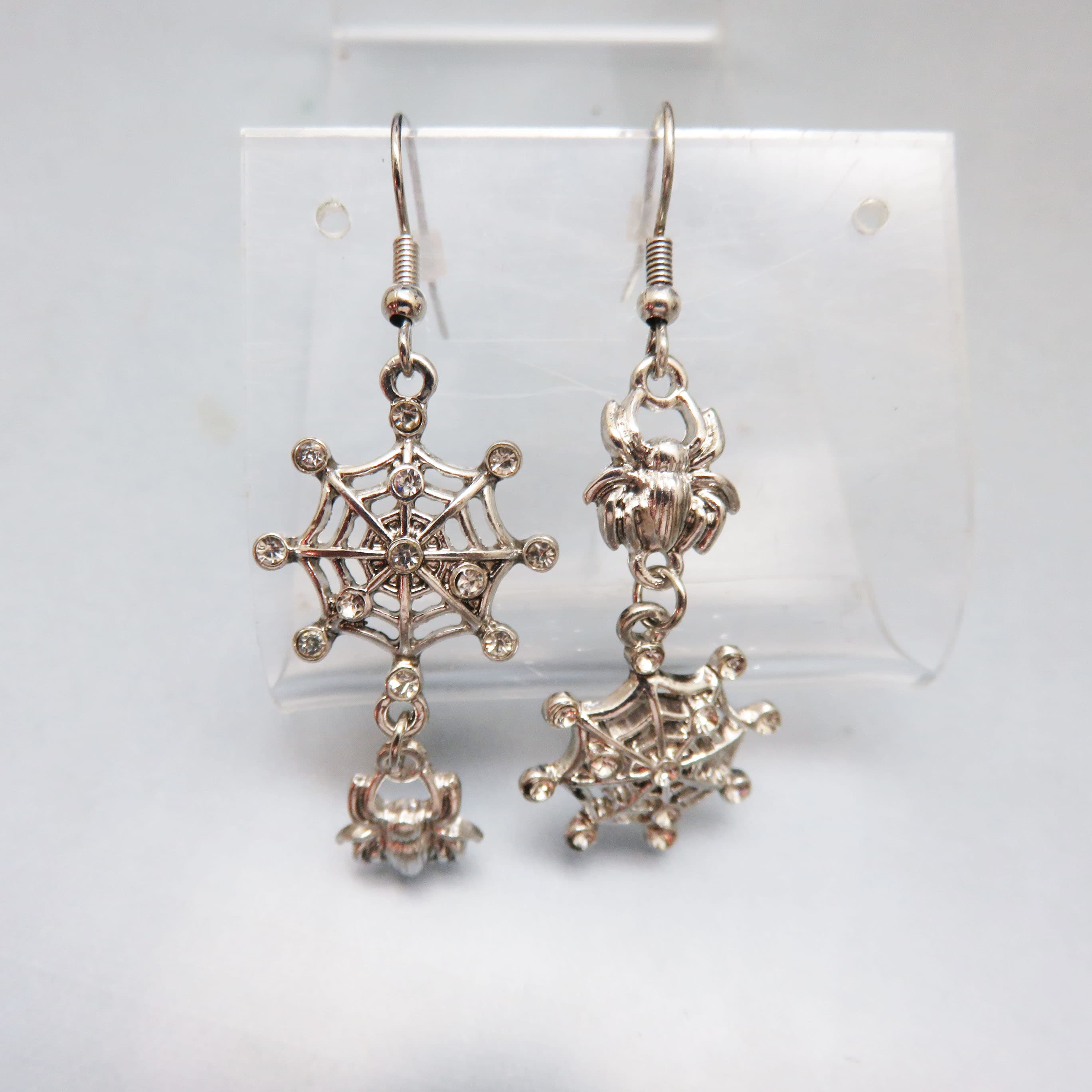 Crystal Spider & Web Halloween Earrings | Silver Tone Statement Dangles | Whimsical Gothic Jewelry
