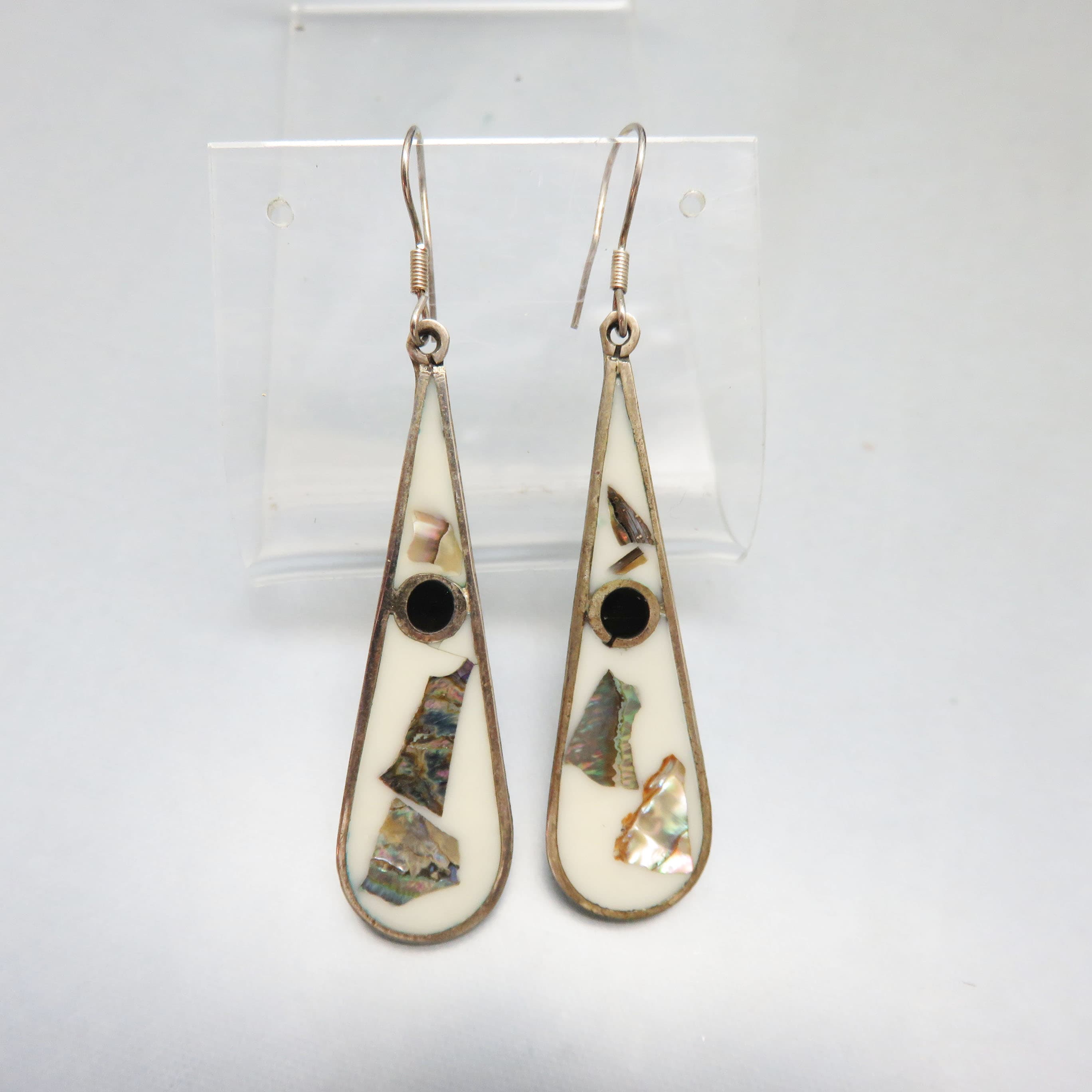 Mexican Alpaca Silver Abalone Inlay Earrings | White Enamel Artisan Teardrop Dangles | Modernist Vintage Jewelry