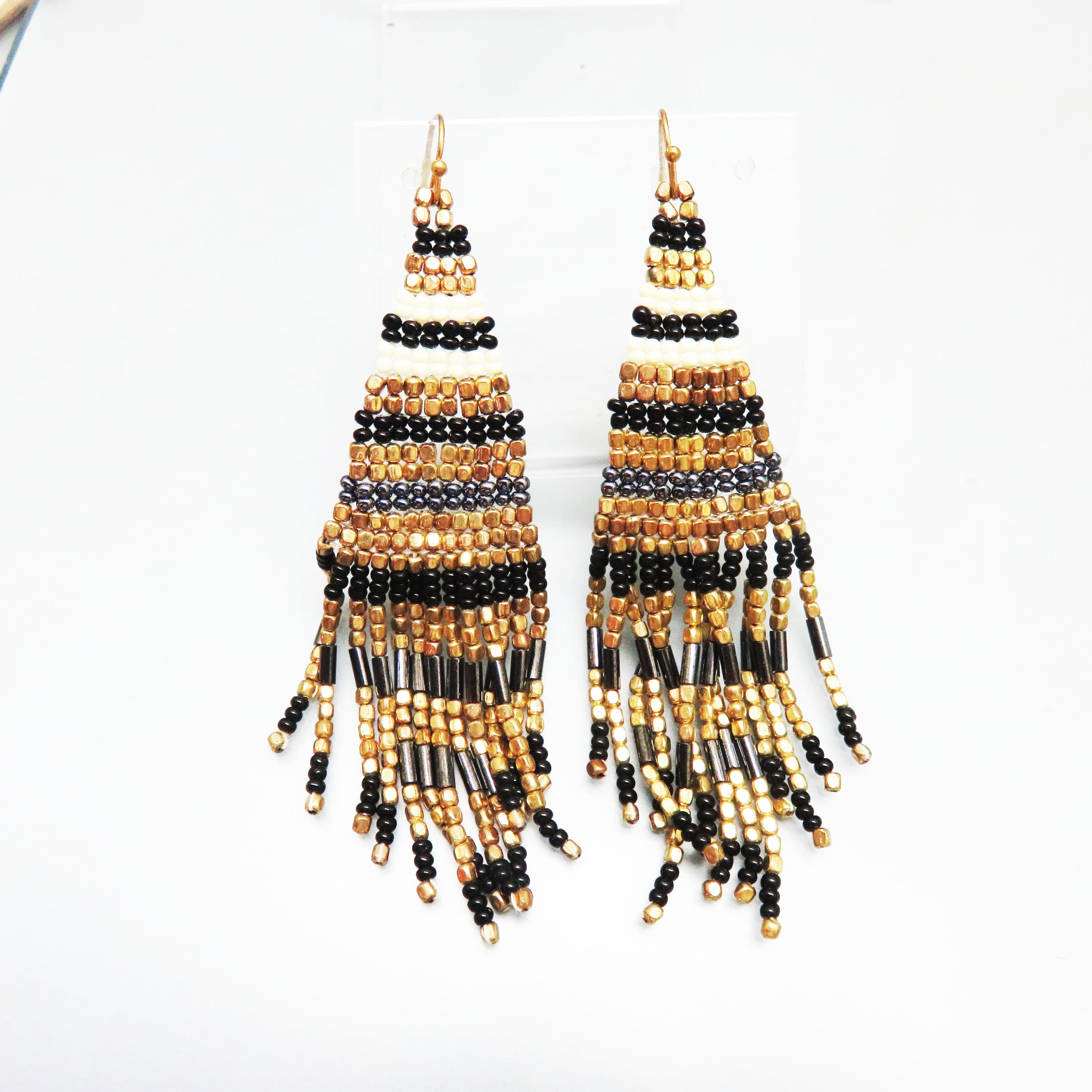 Vintage Hand Beaded Fringe Earrings | Black Gold White & Silver Seed Bead Statement Dangles | Boho Festival Jewelry