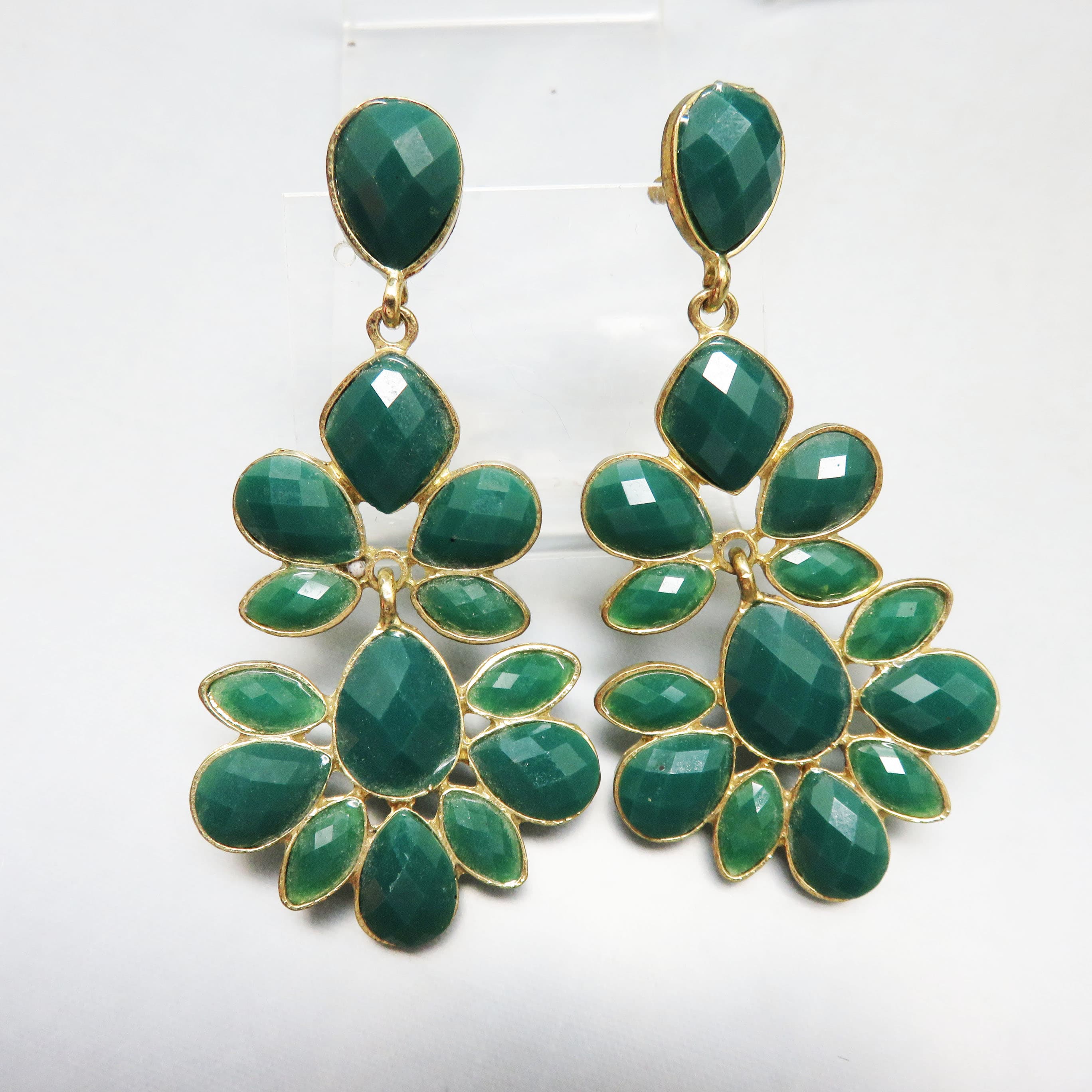 Vintage Emerald Green Faceted Acrylic Statement Earrings | Gold Tone Floral Chandelier Dangles | Oversized Runway Style