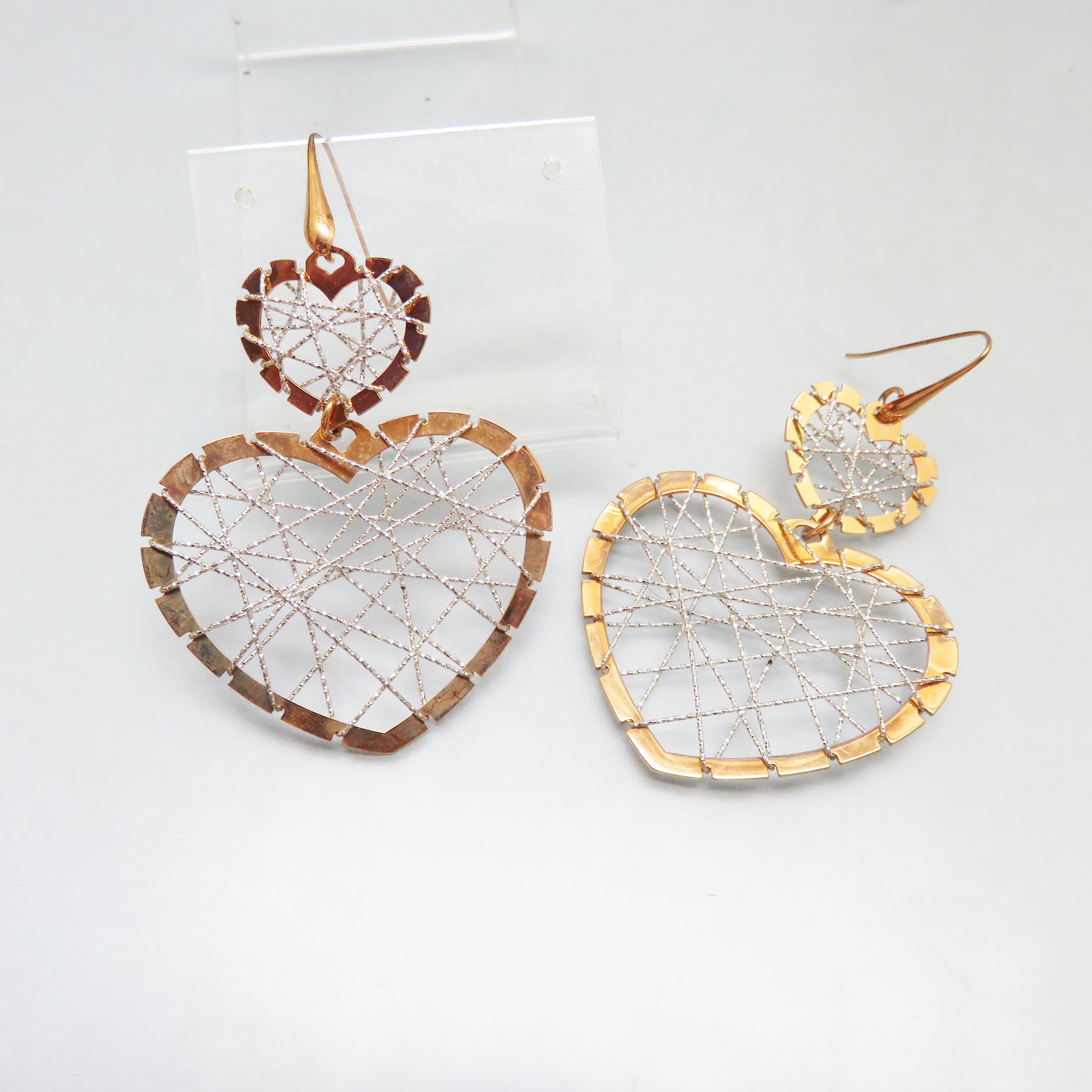 Vintage Rose Gold Open Heart Statement Earrings | Silver Wire Wrapped Double Hearts | Romantic Oversized Dangle Earrings