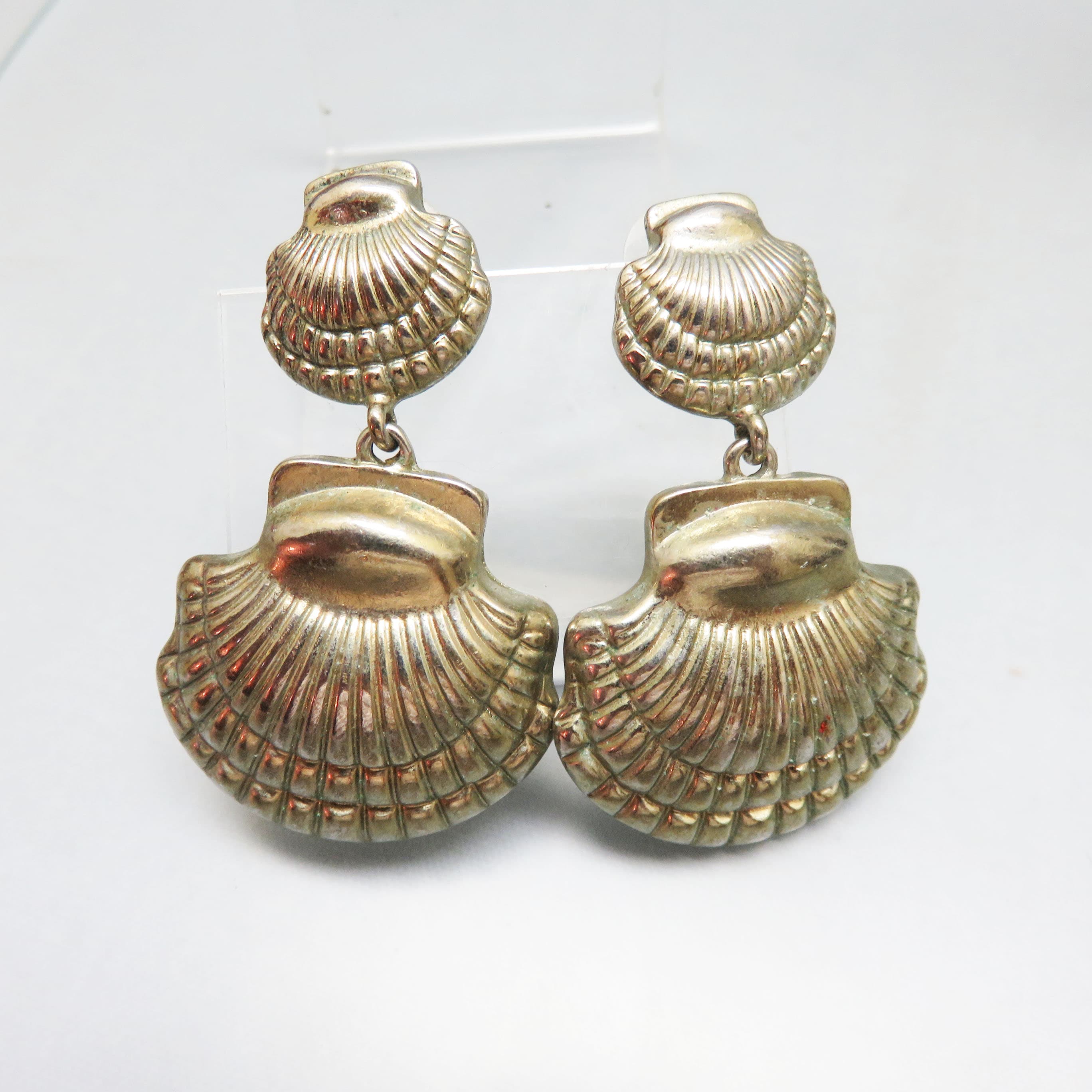 Vintage 1980s Goldtone Seashell Statement Earrings | Double Shell Dangle Post Earrings | Coastal Beach Jewelry