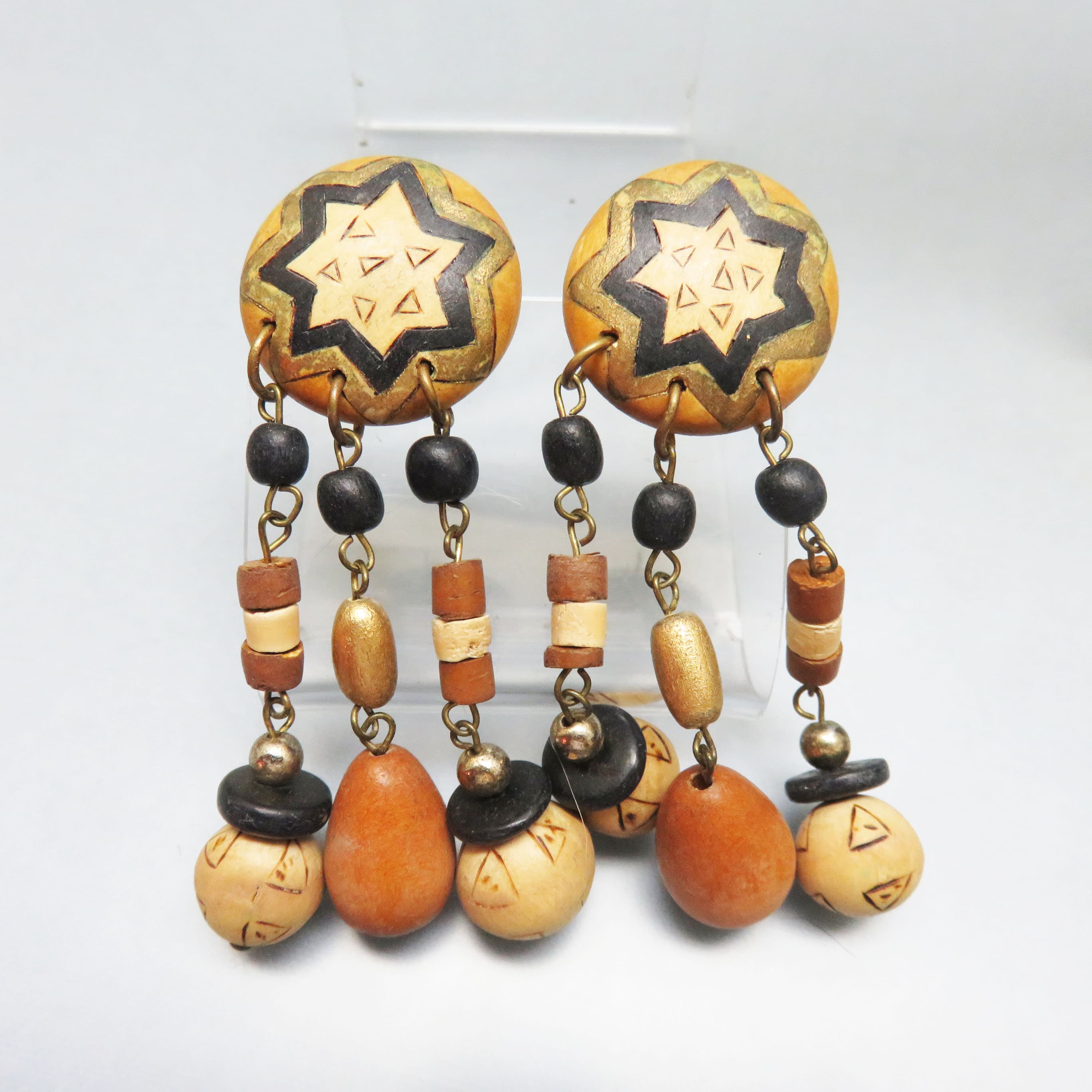 Vintage Hand Painted Wooden Bead Statement Earrings | Boho Tribal Dangle Post Earrings | Artisan Wood Jewelry