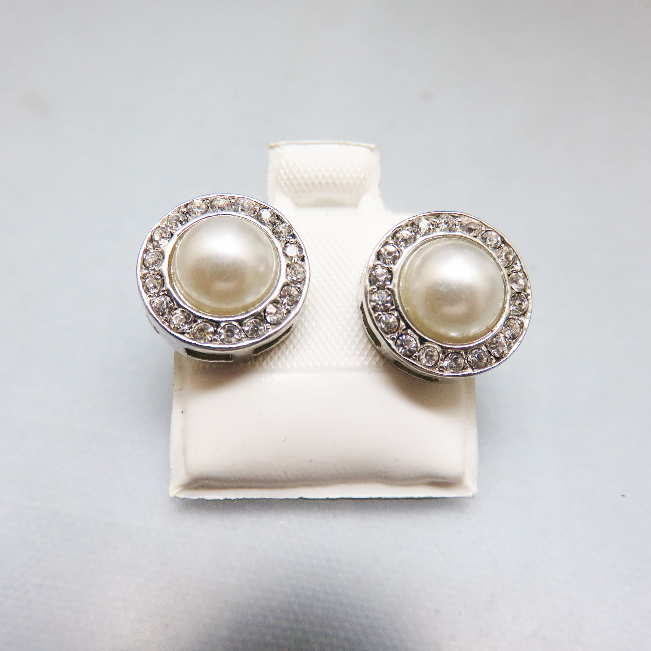 Faux Pearl & Rhinestone Halo Stud Earrings | Rhodium Plated Vintage Button Earrings | Classic Bridal Jewelry