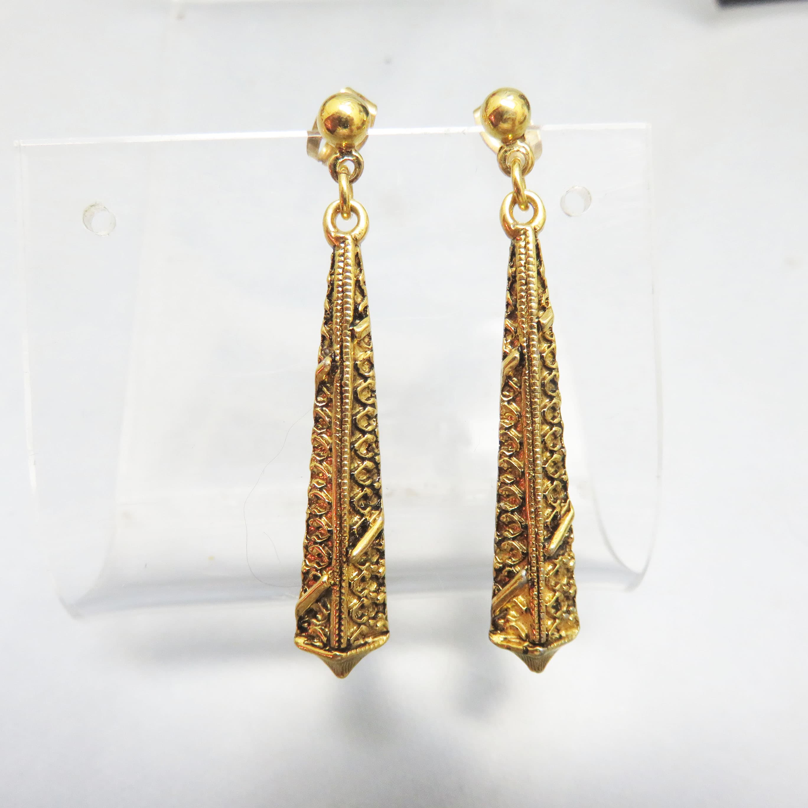 Vintage Gold Plated Textured Dangle Earrings | Art Deco Inspired Geometric Drop Earrings | Elegant Statement Jewelry
