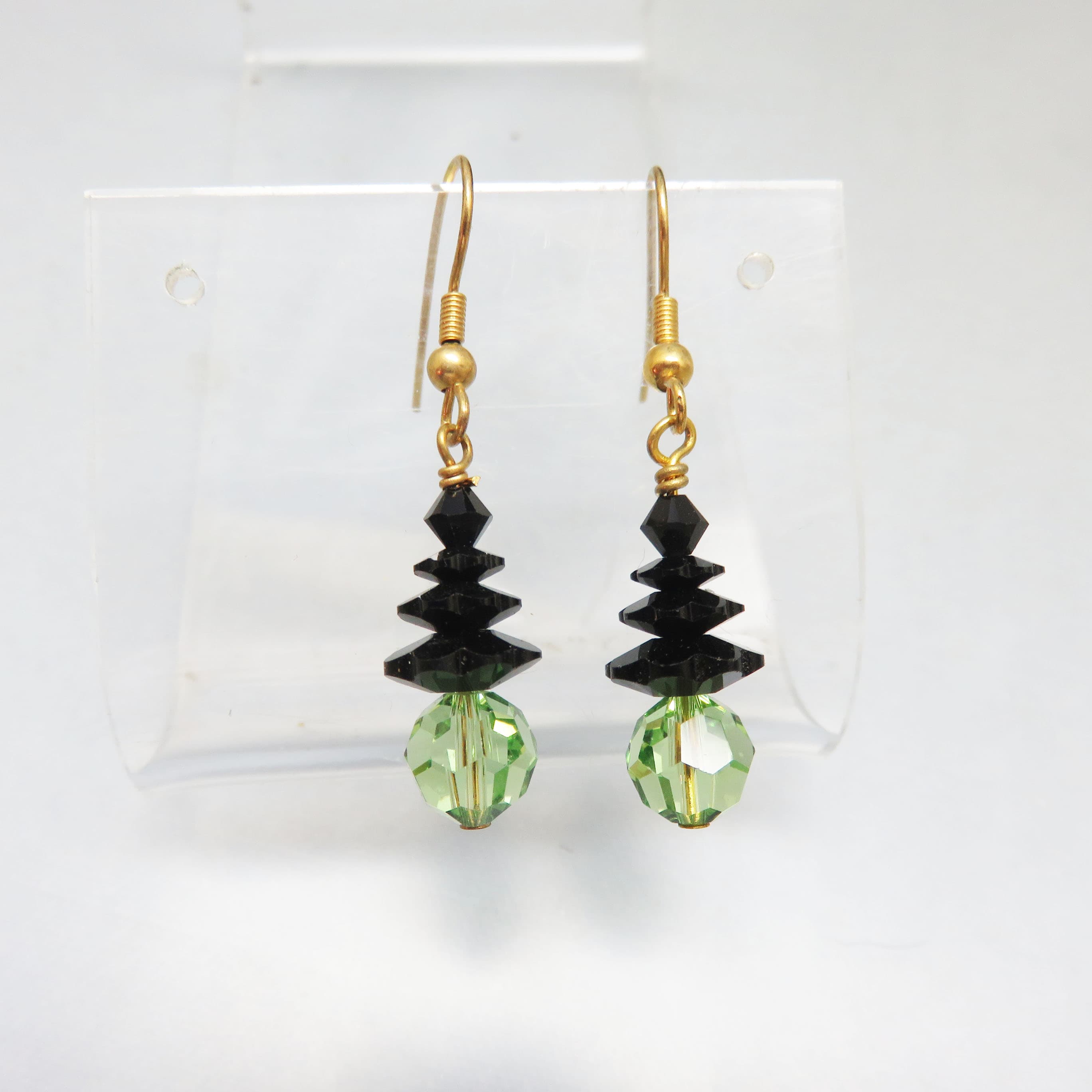 Handmade Swarovski Crystal Witch Head and Hat Earrings | Halloween Crystal Dangle Earrings | Black & Peridot Green Gold Tone Earrings