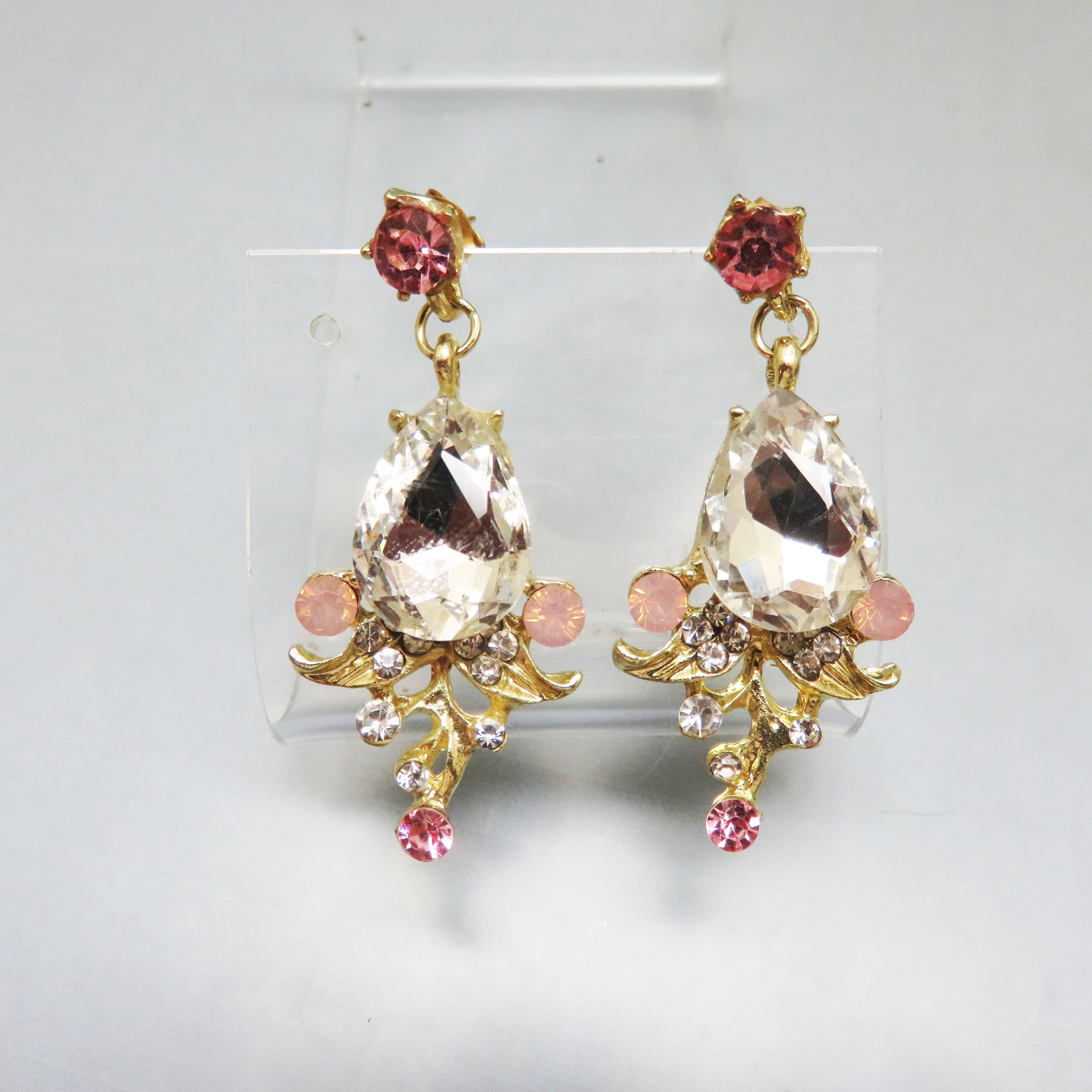 Vintage Gold Tone Crystal Teardrop Statement Earrings | Pink Rhinestone Dangle Earrings | Glam Bridal Evening Jewelry