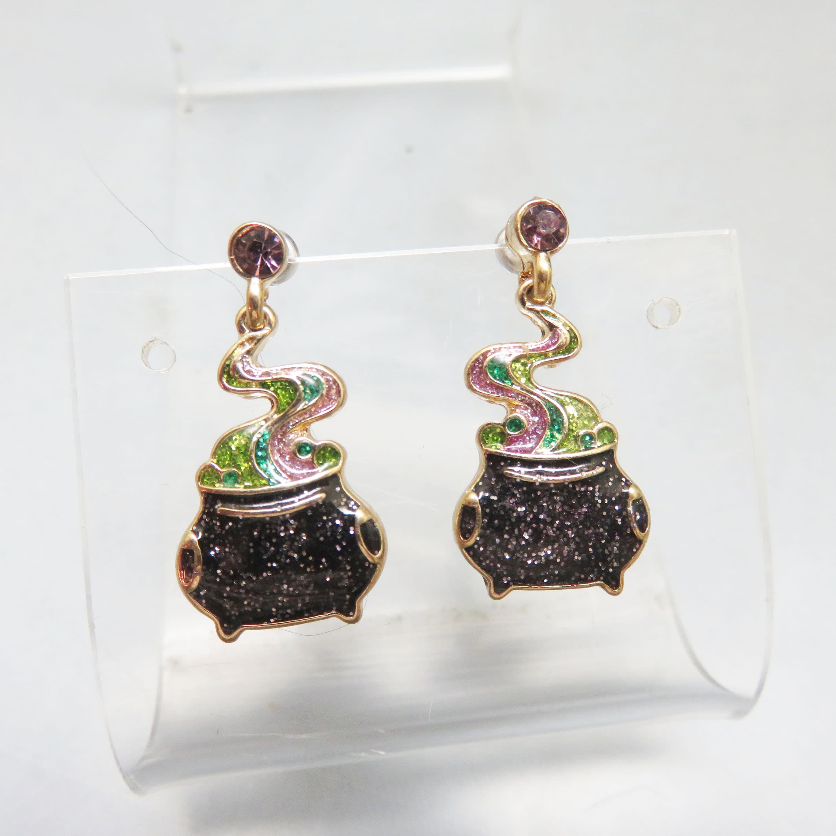 Halloween Witch's Cauldron Earrings | Glitter Enamel Black Cauldron Dangle Earrings | Cute Spooky Gold Tone Jewelry