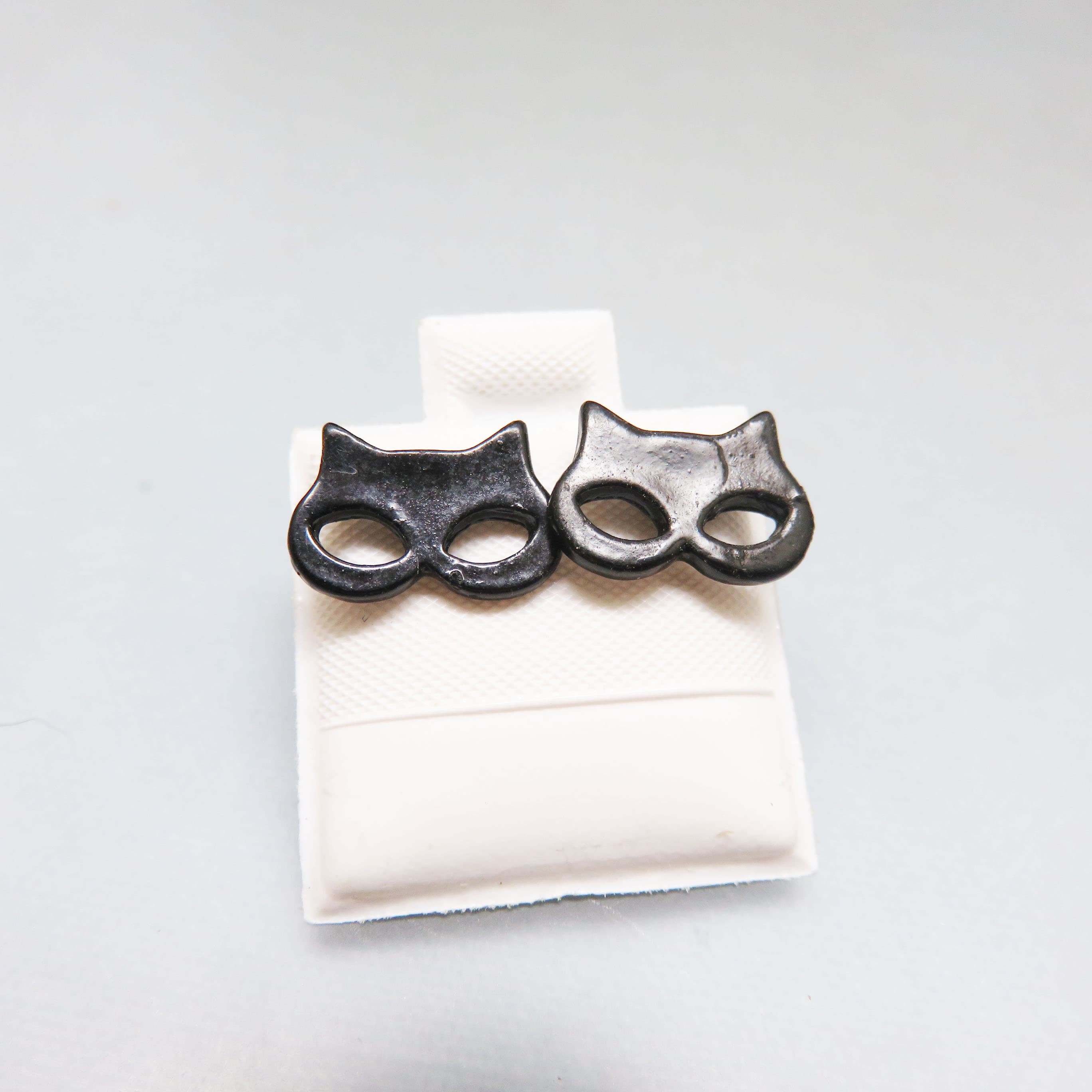 Vintage Black Cat Mask Stud Earrings | Retro Halloween Plastic Pierced Earrings | Tiny Cat Lover Jewelry | Cute Spooky Studs