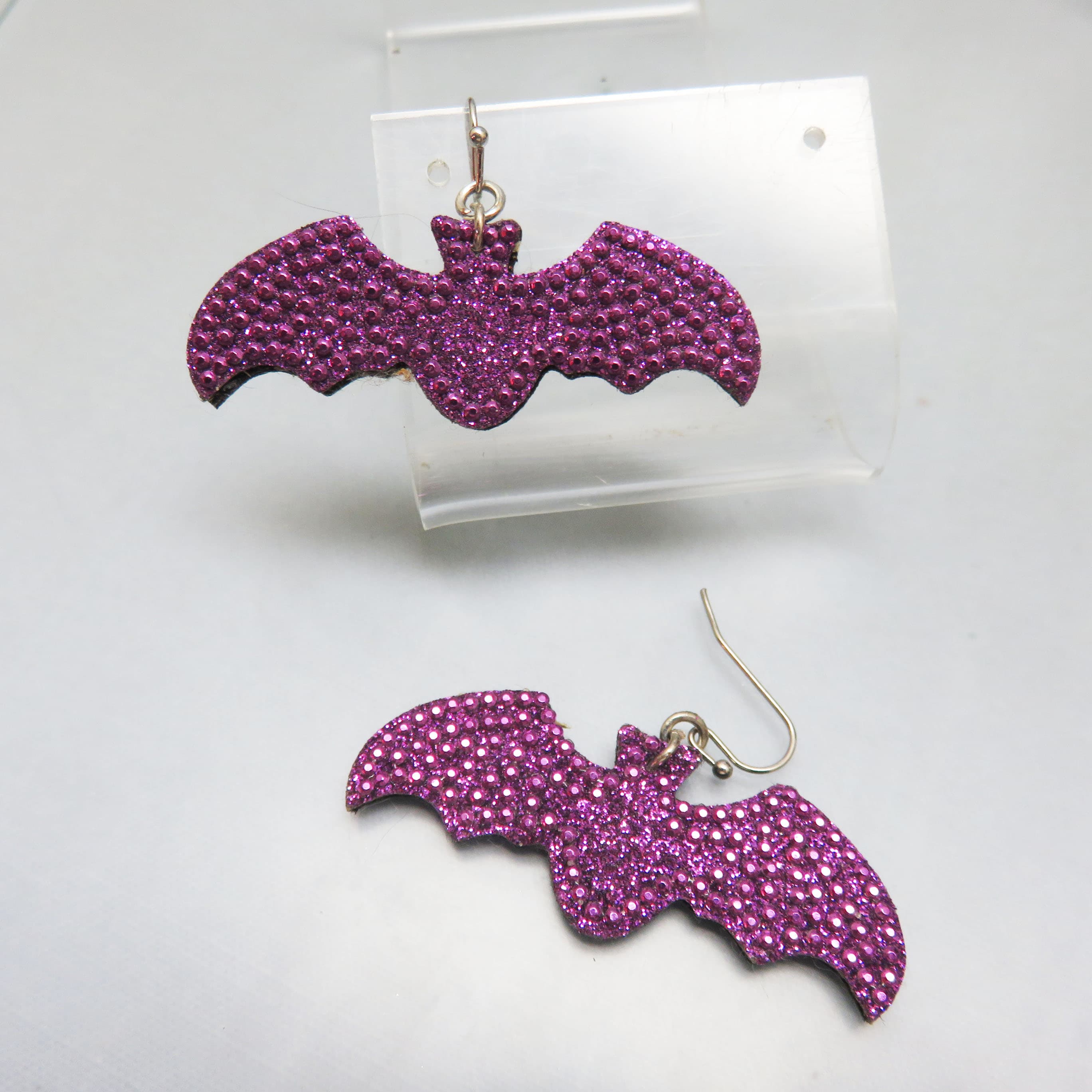 Glitter Purple Bat Statement Earrings | Vintage Halloween Dangle Earrings | Oversized Sparkly Bat Jewelry | Gothic Spooky Earrings