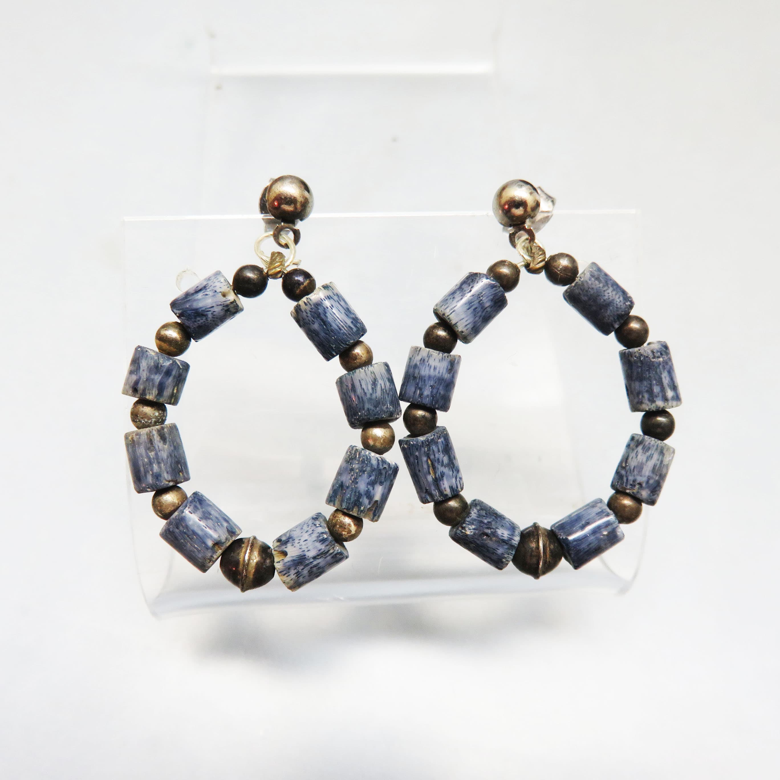 Vintage Sodalite Beaded Hoop Earrings | Southwestern Artisan Style Post Earrings | Denim Blue Natural Stone Circle Dangles