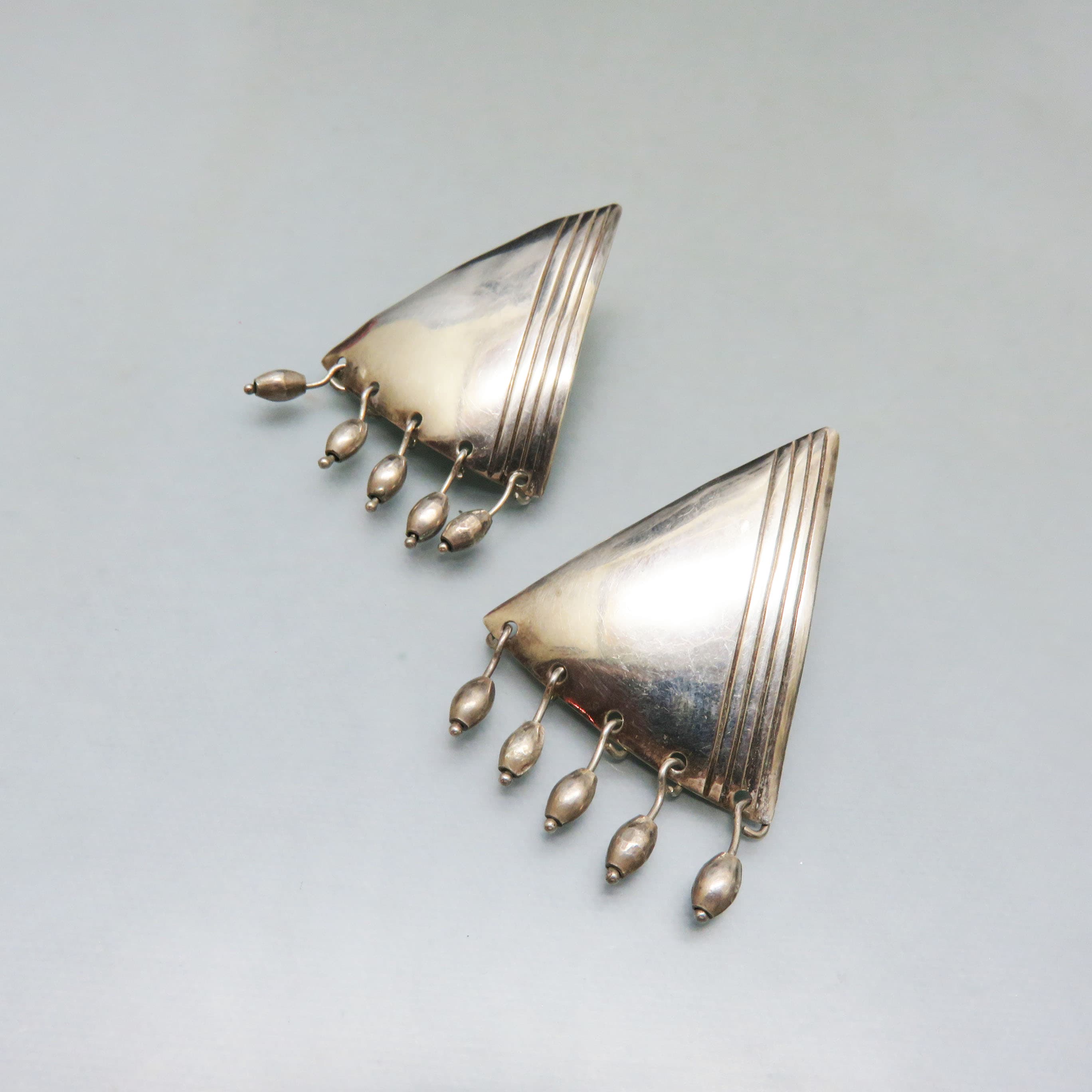 Vintage Modernist Nickel Silver Statement Earrings | Geometric Fan Earrings with Dangle Accents | Southwestern Artisan Style Posts