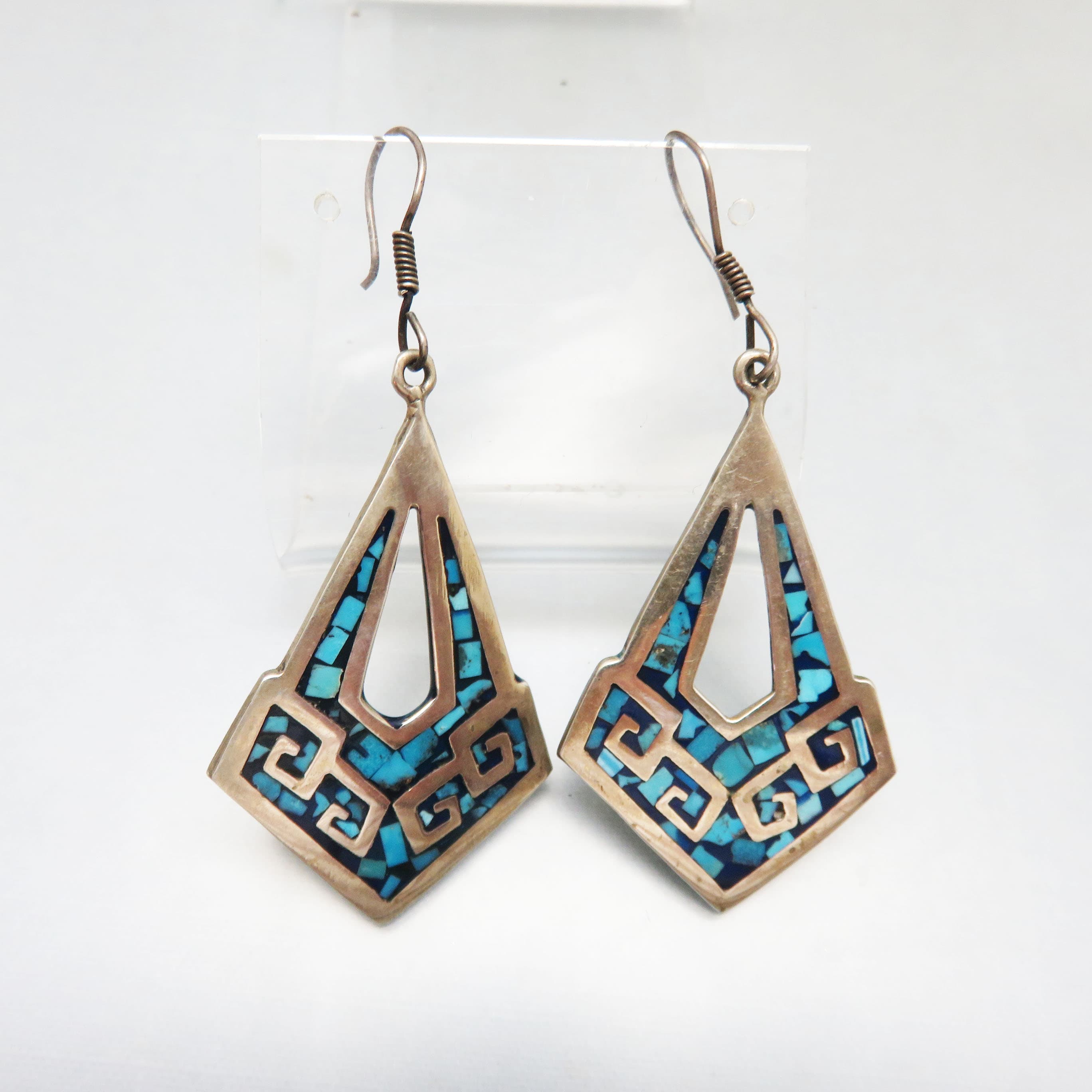 Vintage Taxco Mexico Sterling Silver Turquoise Mosaic Earrings | Hecho en Taxco 925 Artisan Dangle Earrings | Southwestern Statement Jewelry