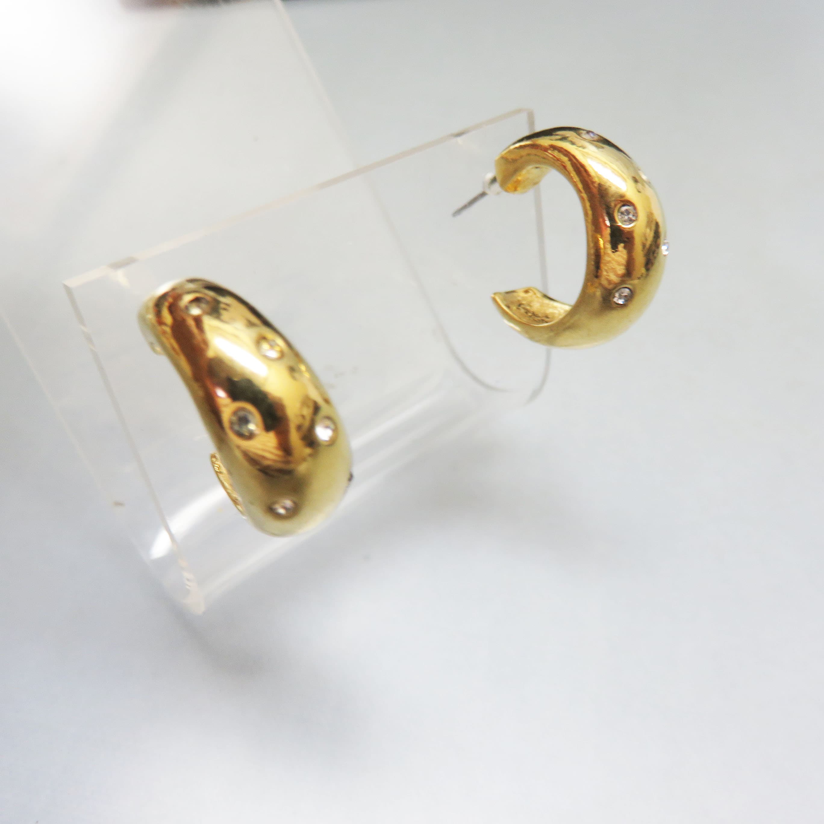 Vintage Avon Gold Plated Crystal Huggie Hoop Earrings | 1990s Rhinestone Hoop Earrings | Classic Designer Signed Pierced Earrings