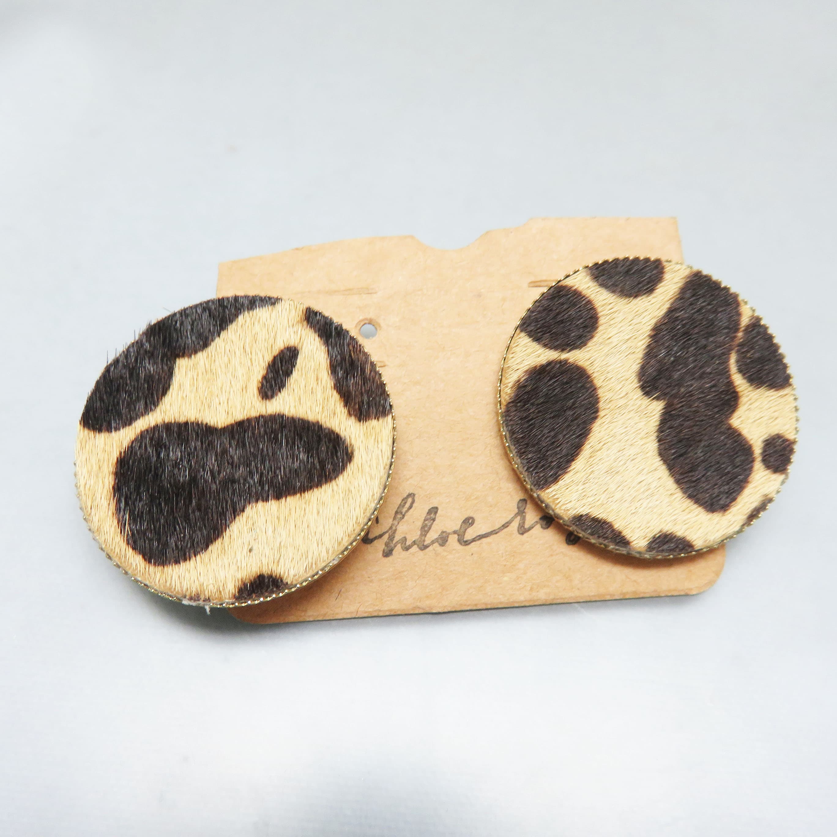 Vintage Chelsea Leopard Print Faux Fur Button Earrings | 1990s Animal Print Statement Studs | New Old Stock on Original Card