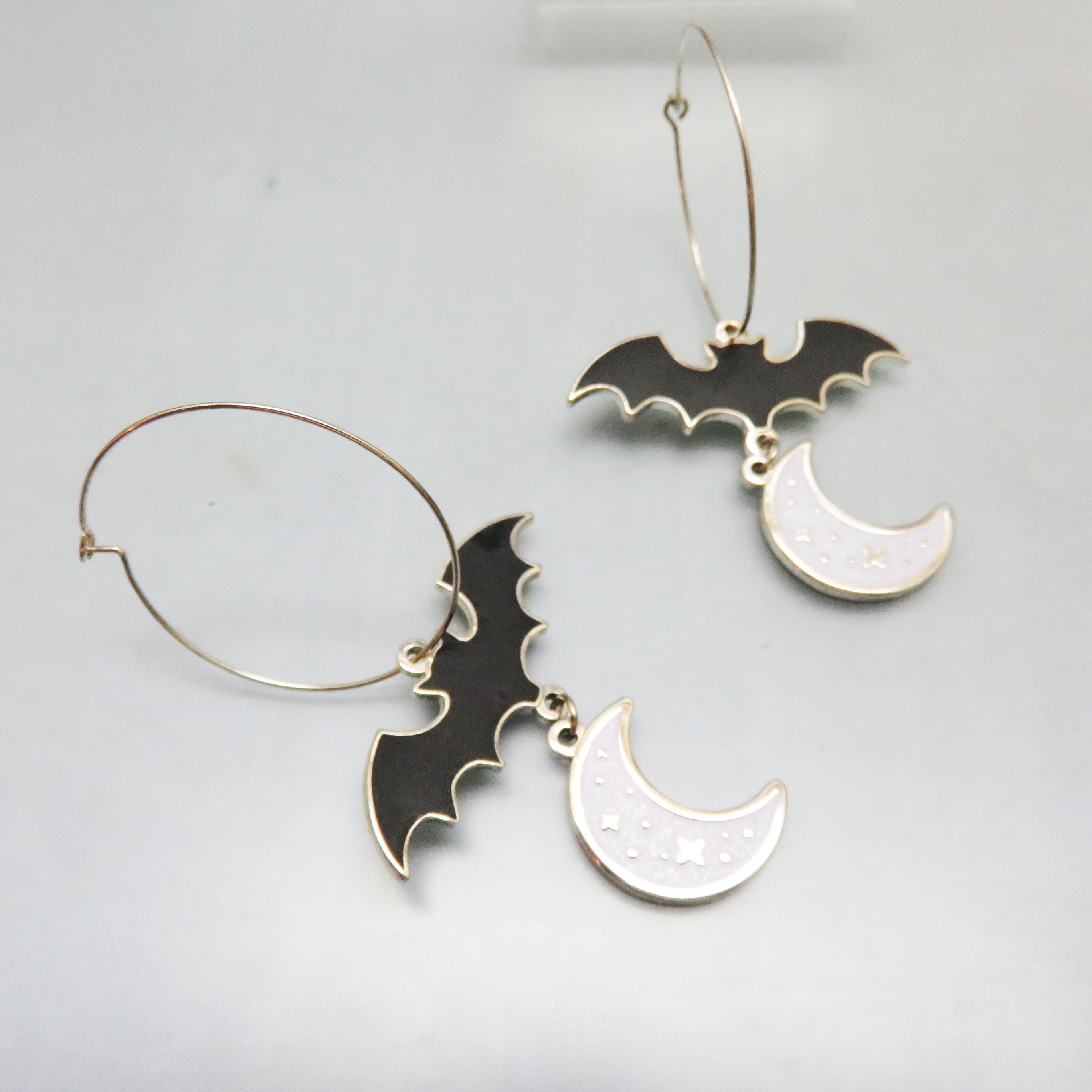 EM & Sprout Bat & Moon Hoop Earrings | Halloween Enamel Charm Hoops | Black Bat Crescent Moon Statement Earrings