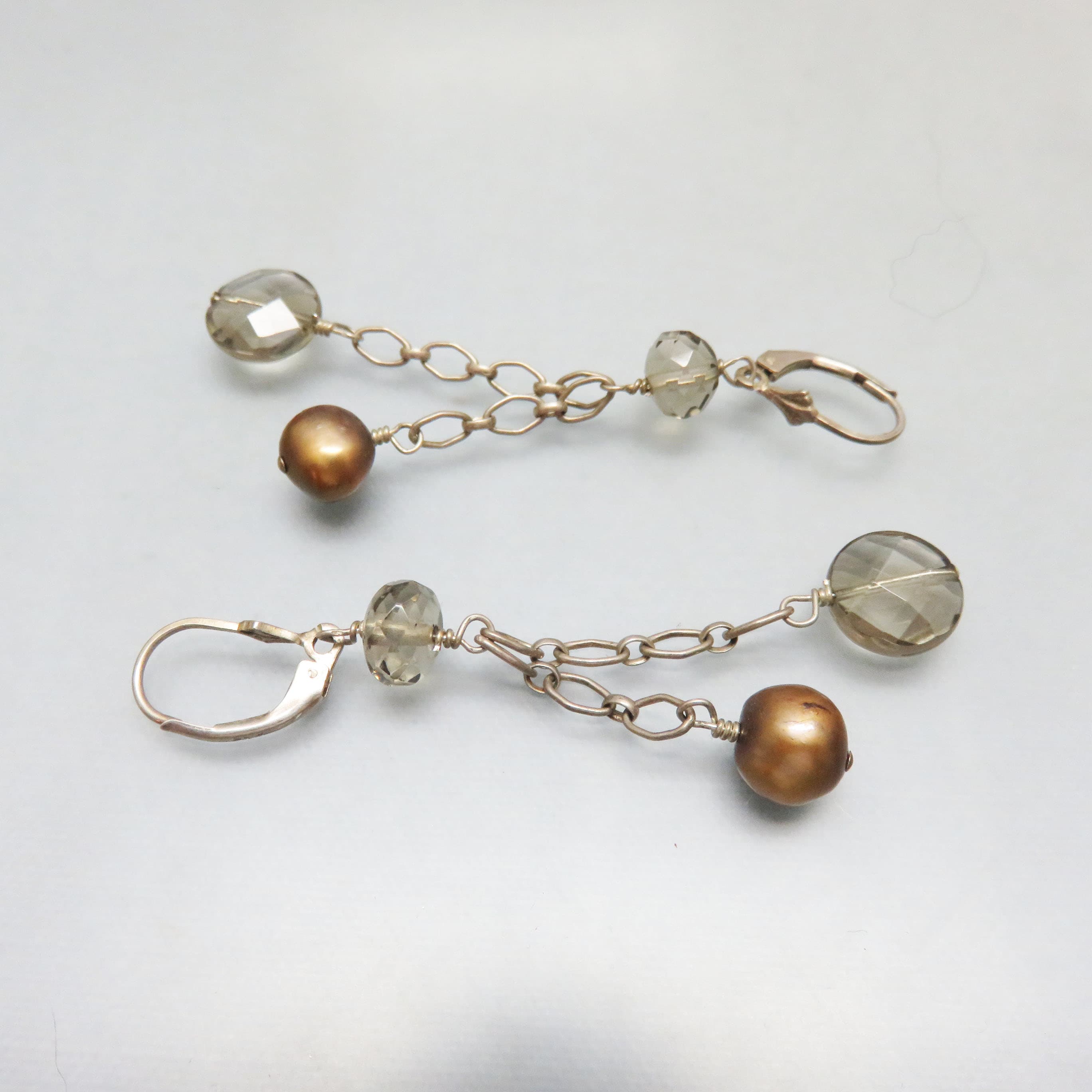 Freshwater Pearl & Faceted Smoky Crystal Leverback Earrings | Elegant Double Drop Dangle Earrings 