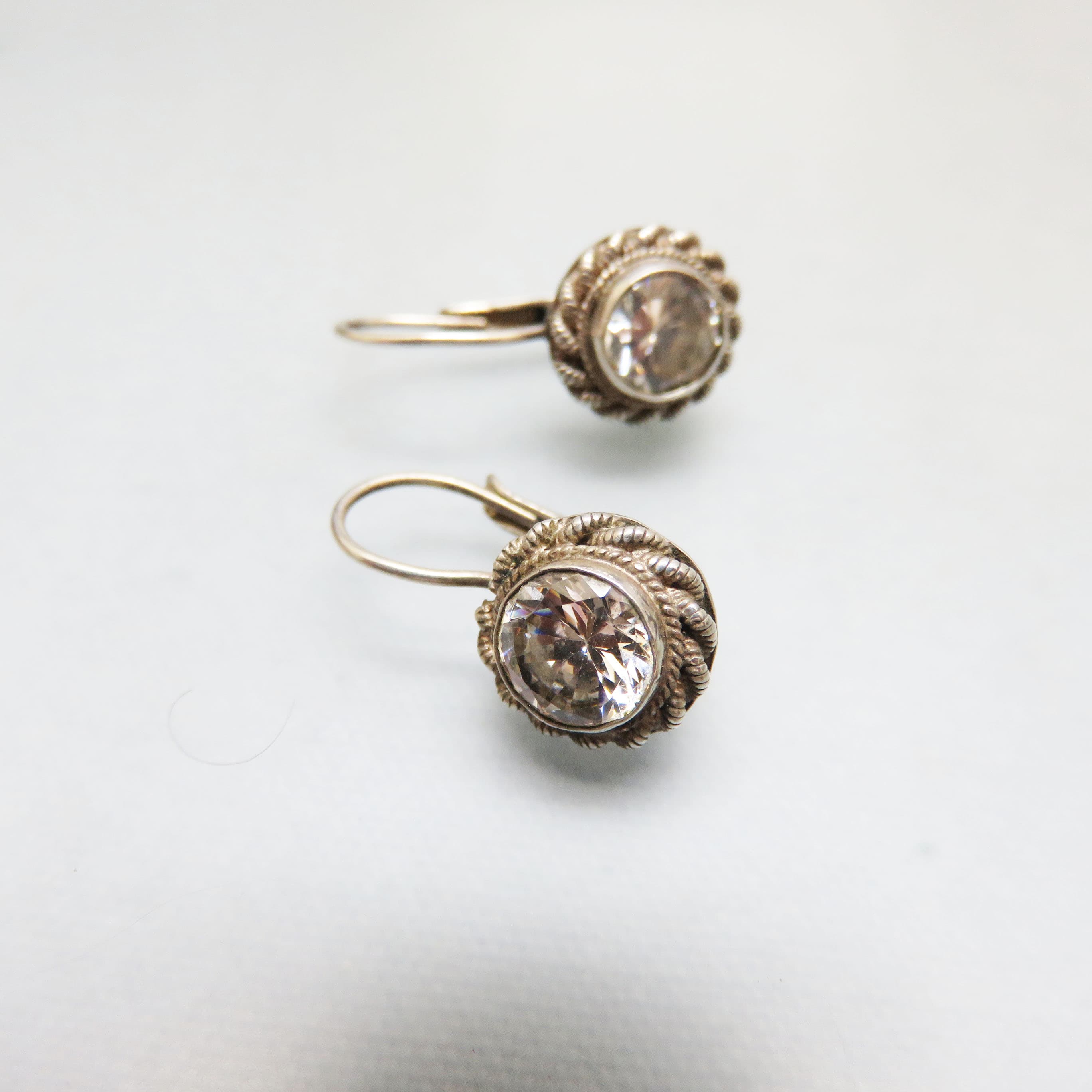 Vintage Sterling Silver CZ Lever Back Earrings | FAS 925 Rope Bezel Cubic Zirconia Earrings | Classic Everyday Sparkle | 1990s