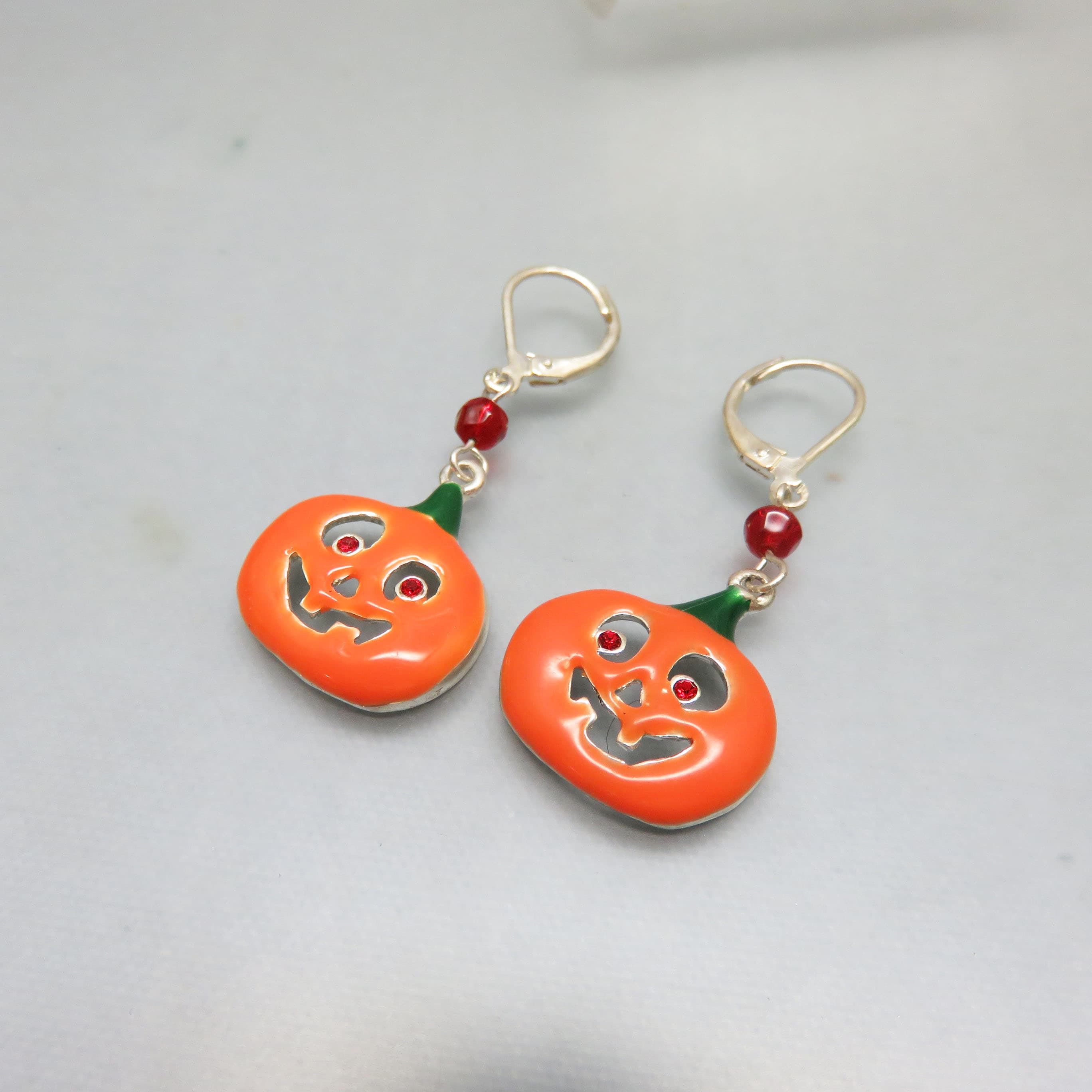 Vintage Halloween Jack-o'-Lantern Enamel Lever Back Earrings | Pumpkin Dangle Earrings with Red Crystal Eyes | Fall Harvest Jewelry