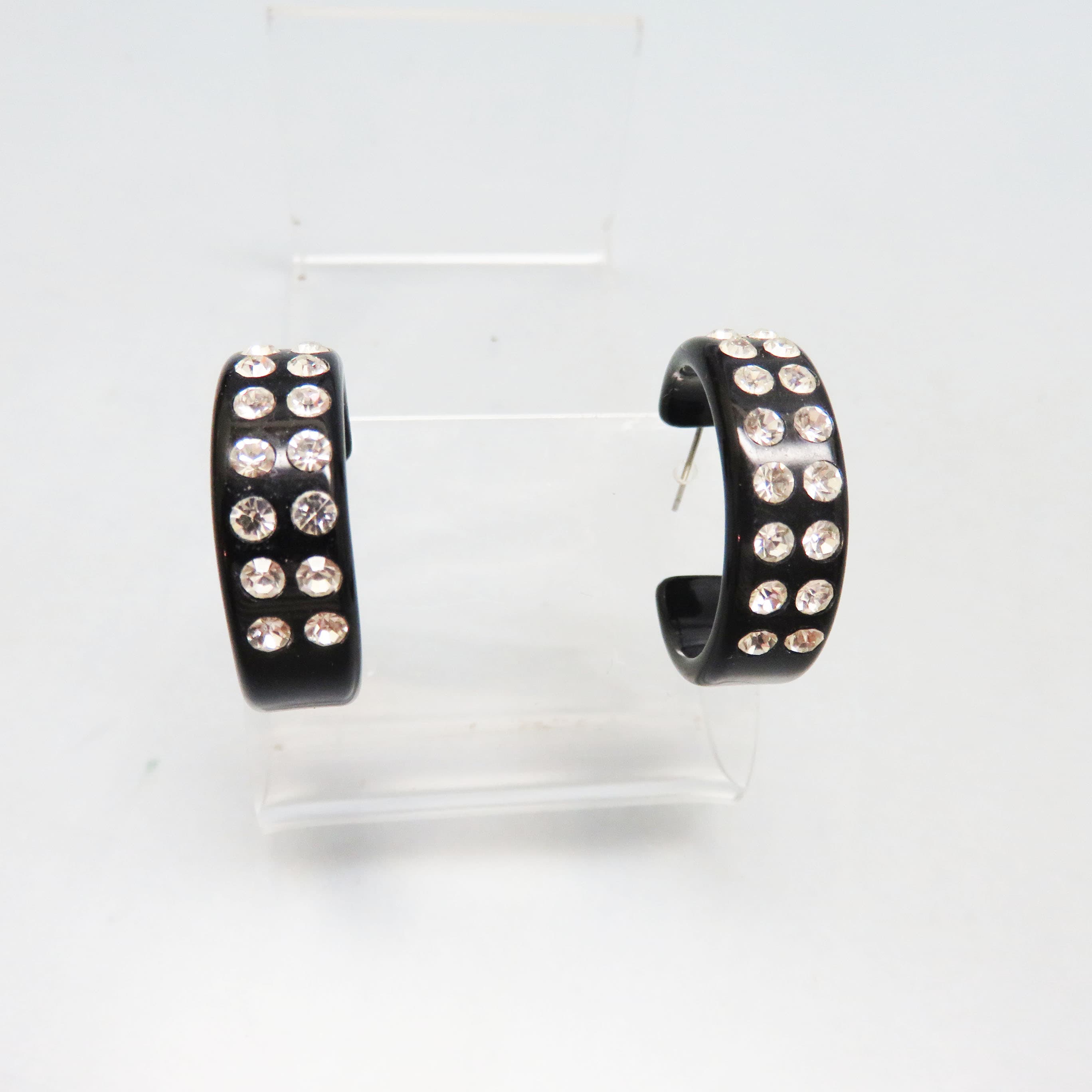 Y2K Black Acrylic Rhinestone Hoop Earrings | Chunky Studded Half Hoop Earrings | Vintage 2000s Statement Jewelry