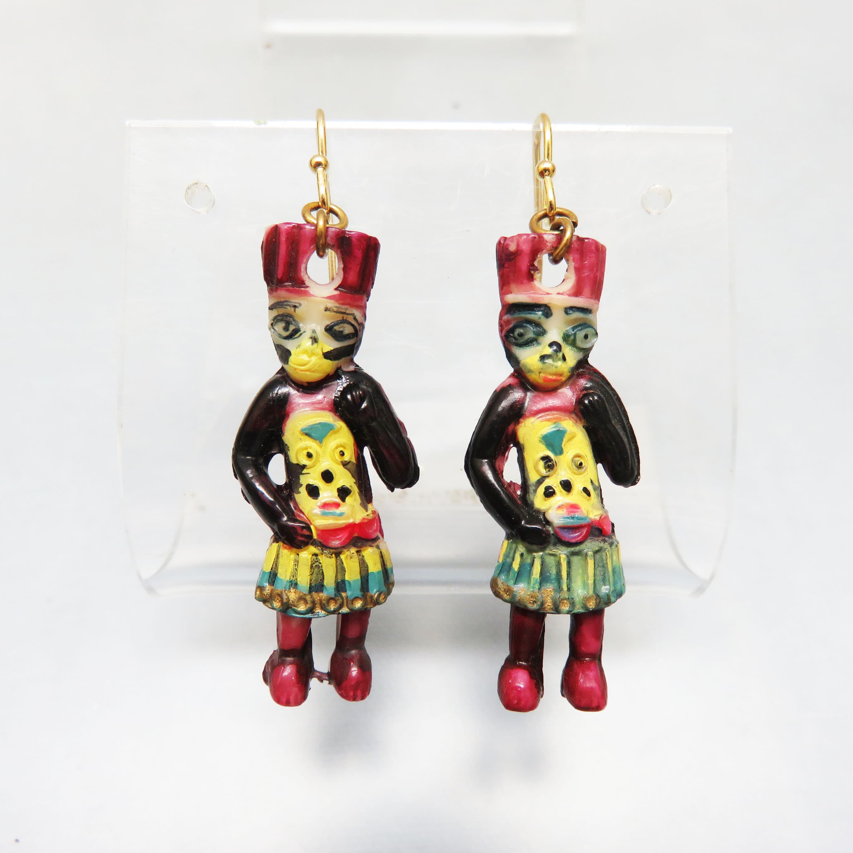 1950s Japanese Hand-Painted Witch Doctor Dangle Earrings | Mid-Century Novelty Folk Art Pierced Earrings