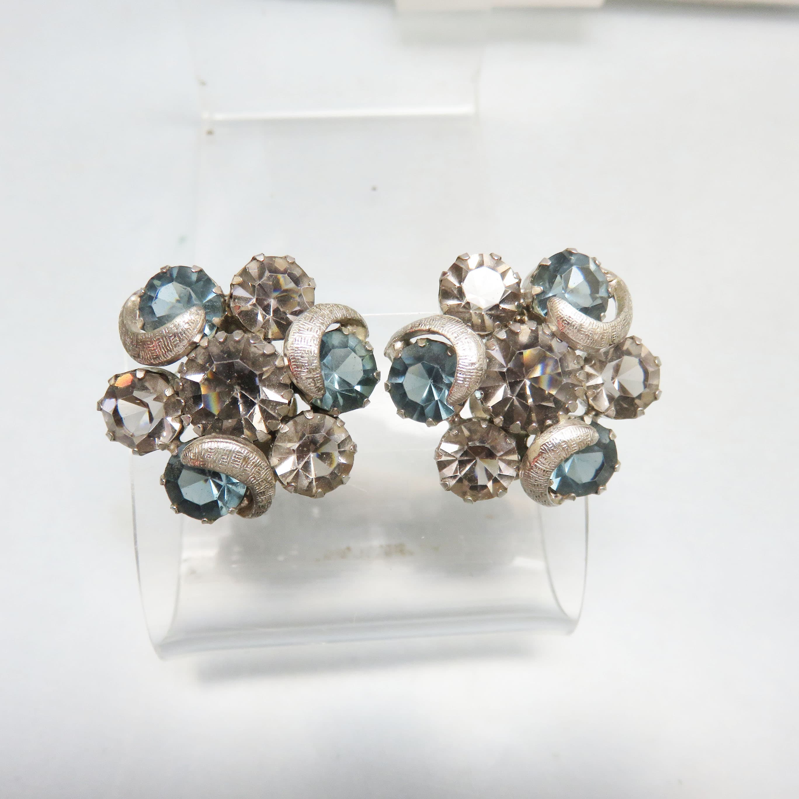 Signed Kramer Smoky Blue Rhinestone Cluster Clip-On Earrings | Mid-Century Vintage Glamour