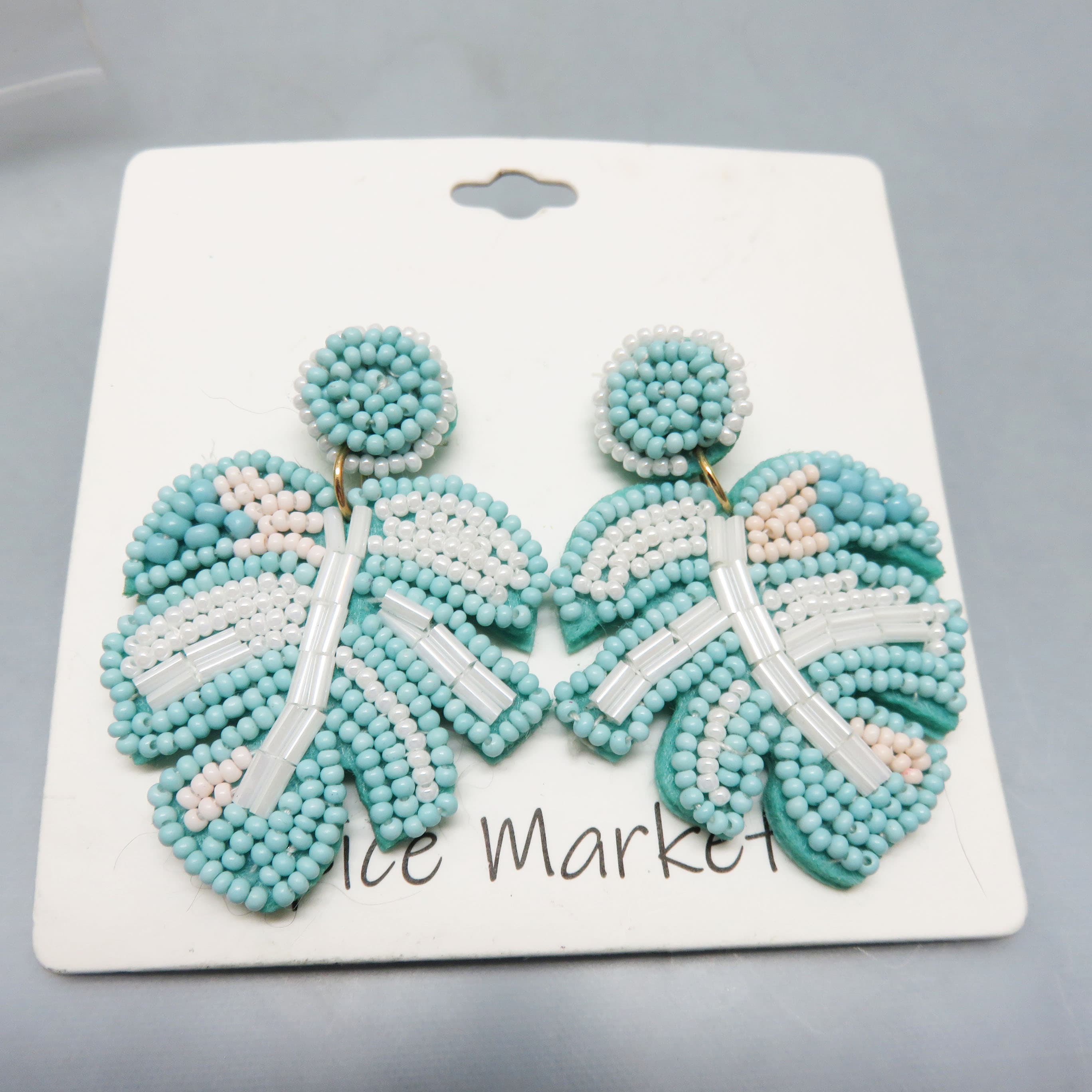 Spice Market Beaded Monstera Leaf Statement Earrings | Mint on Card Tropical Resort Style