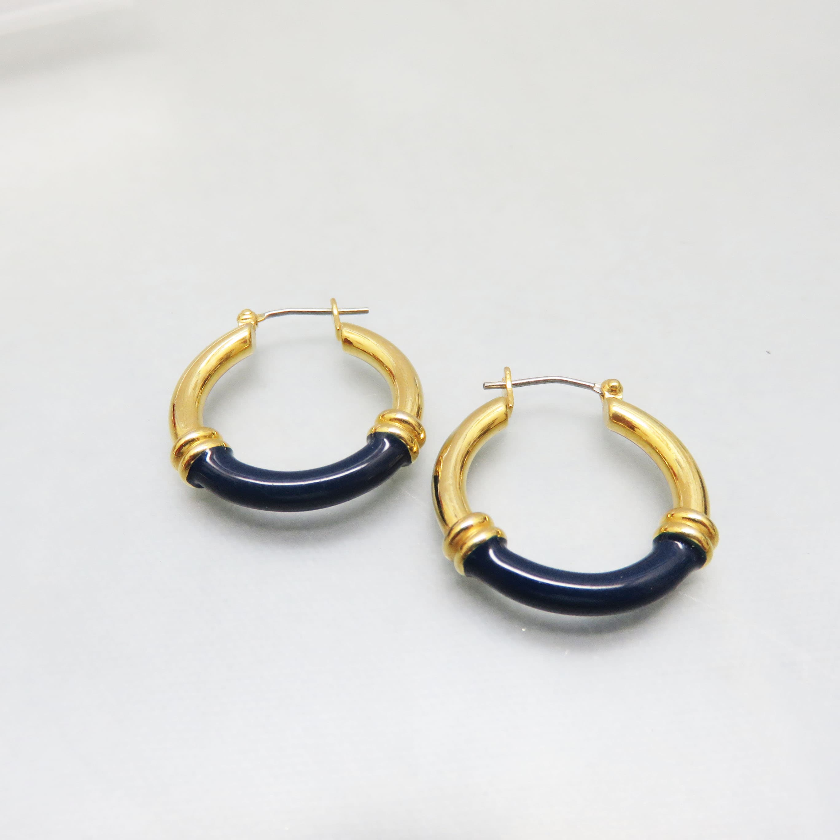 Vintage Gold-Plated & Navy Enamel Hoop Earrings | Classic Everyday Hoops