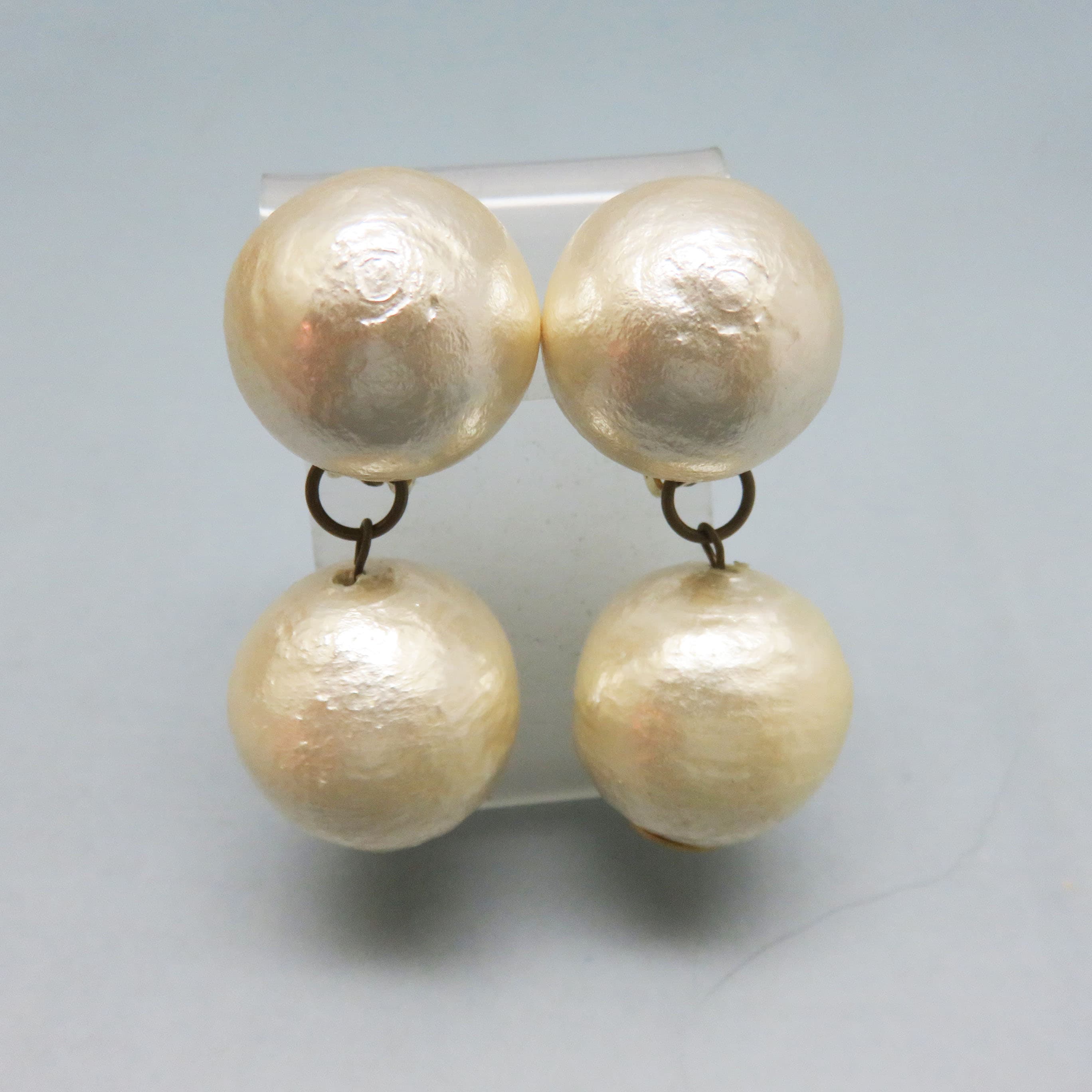 1960s Cotton-Filled Faux Pearl Double Drop Clip Earrings | Vintage Statement Pearls