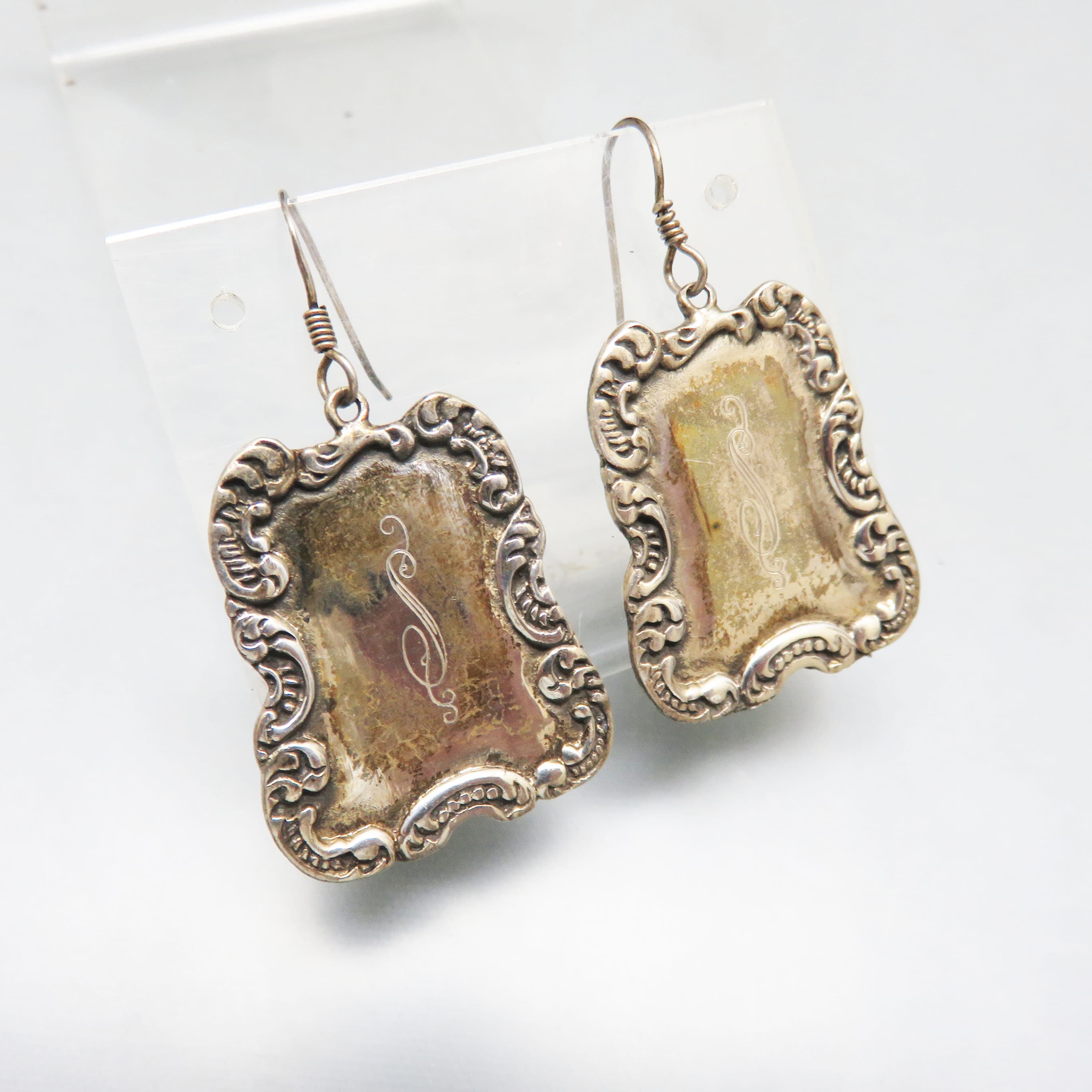 Vintage Sterling Silver Repoussé Luggage Tag Dangle Earrings | Hand-Engraved French Hooks